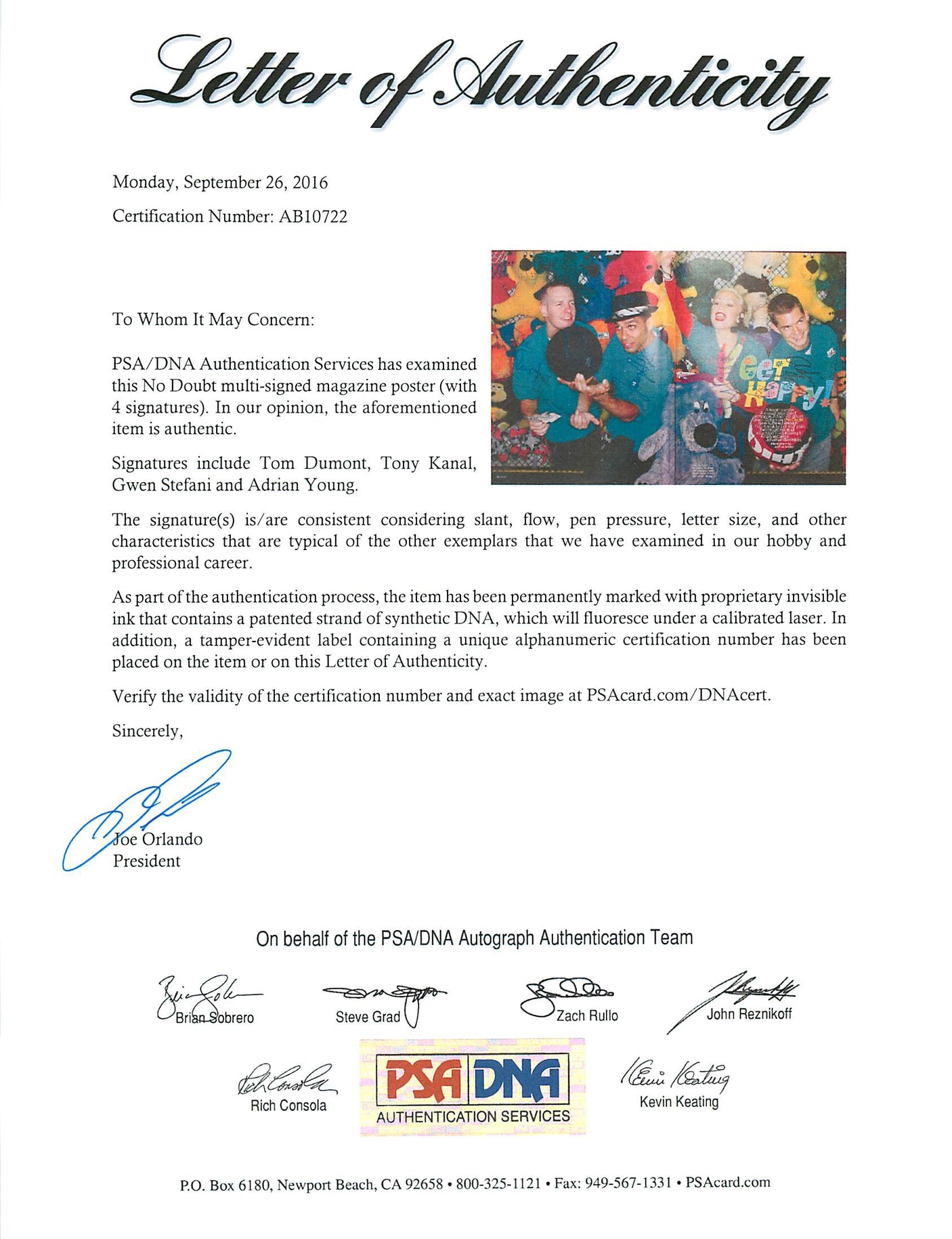 No Doubt (4) Stefani, Kanal, Dumont, Young Signed Spin Magazine PSA/DNA #AB10722