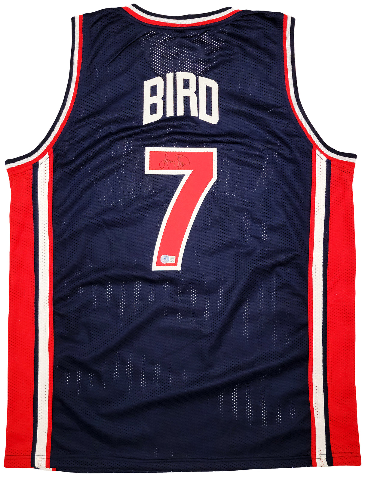 Team USA Larry Bird Autographed Navy Blue Jersey Dream Team Beckett BAS Stock #203450