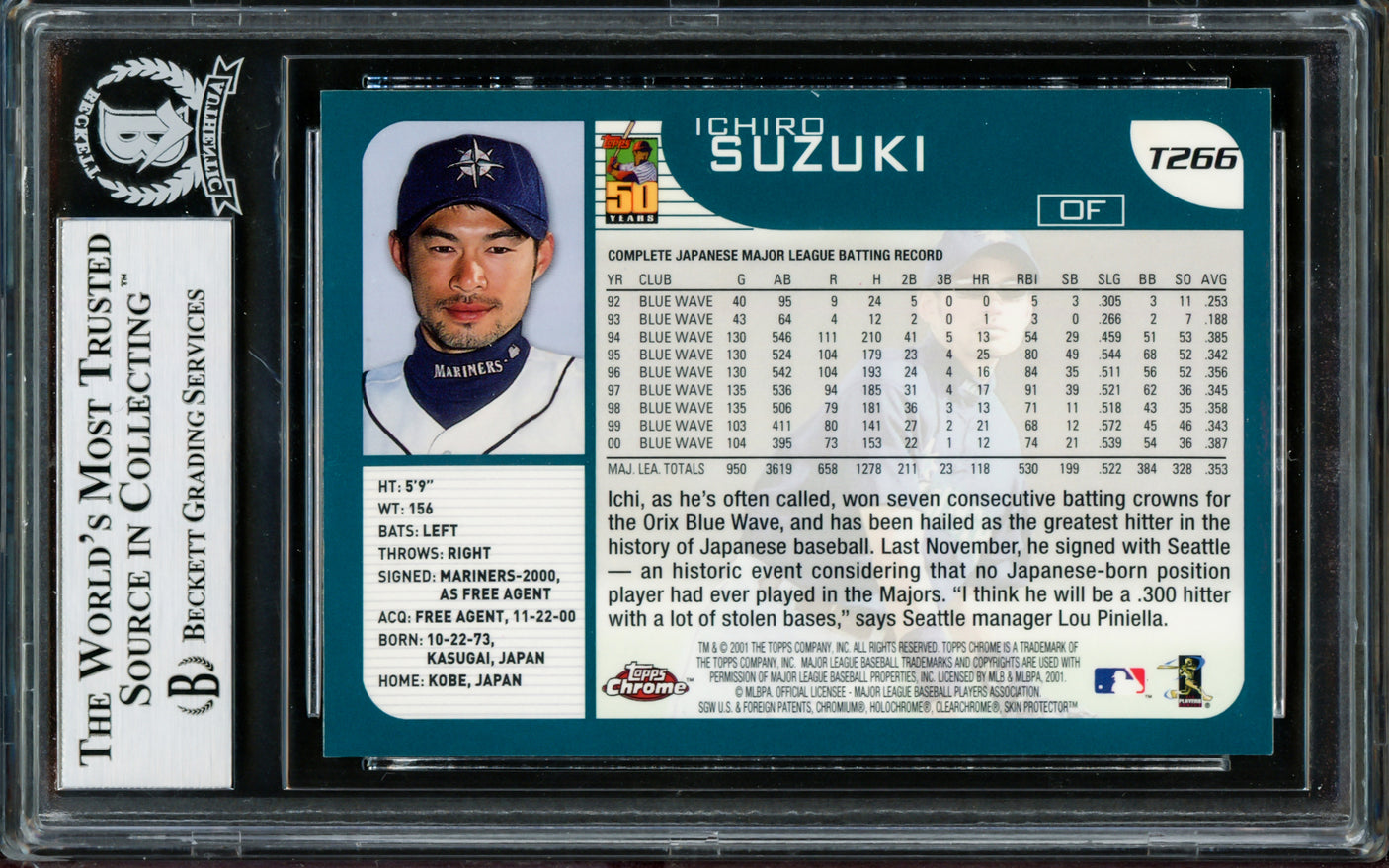Ichiro Suzuki Autographed 2001 Topps Chrome Traded Rookie Card #T266 Seattle Mariners Beckett BAS #14134155