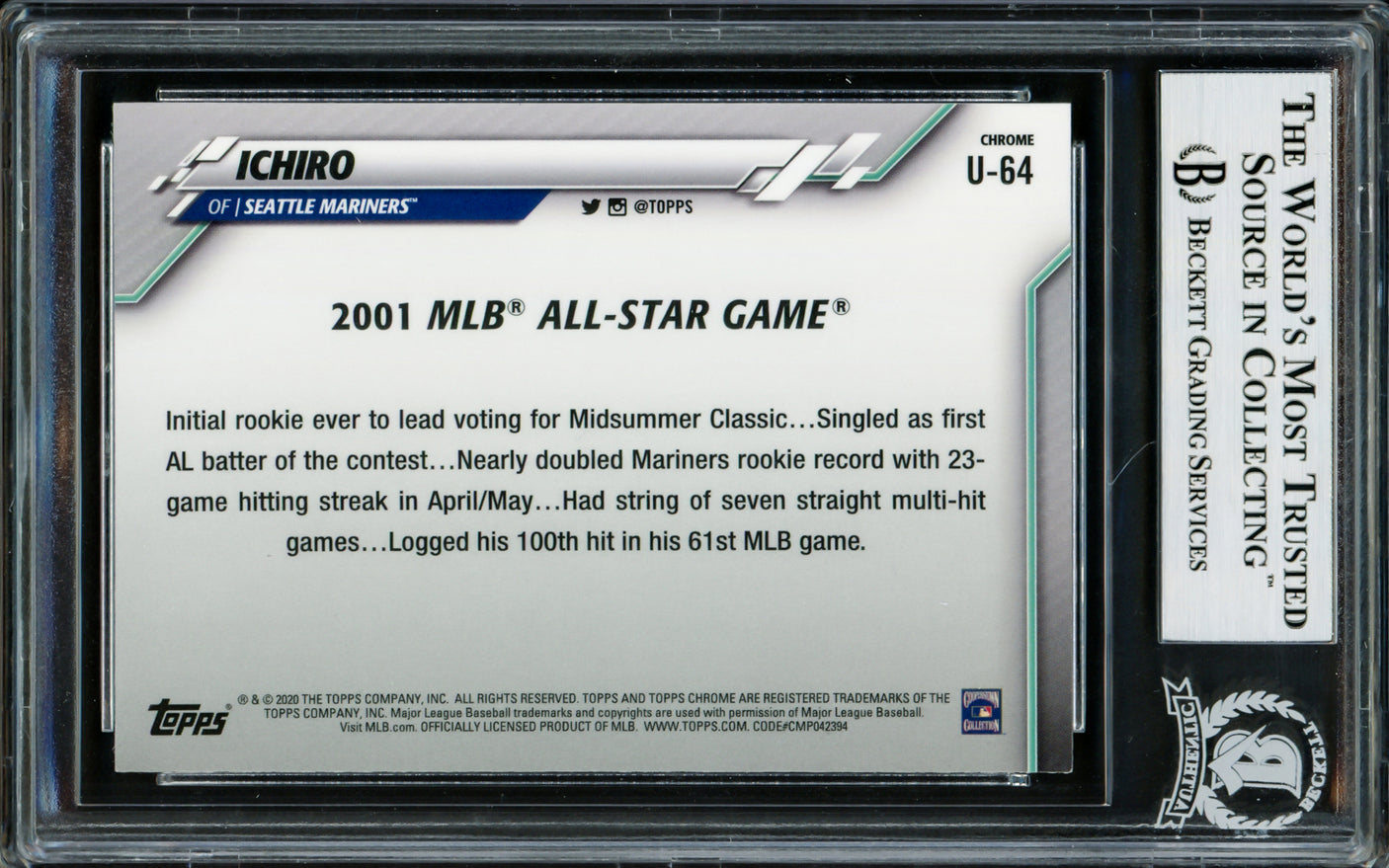 Ichiro Suzuki Autographed 2020 Topps Chrome Update Rookie Card #U-64 Seattle Mariners 2001 All Star Game Beckett BAS #14134163