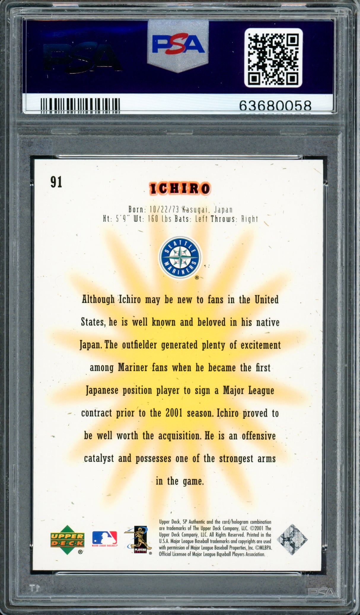 Ichiro Suzuki Autographed 2001 SP Authentic Rookie Card #91 Seattle Mariners PSA 8 Auto Grade Gem Mint 10 "01 ROY/MVP" #785/1250 PSA/DNA #63680058