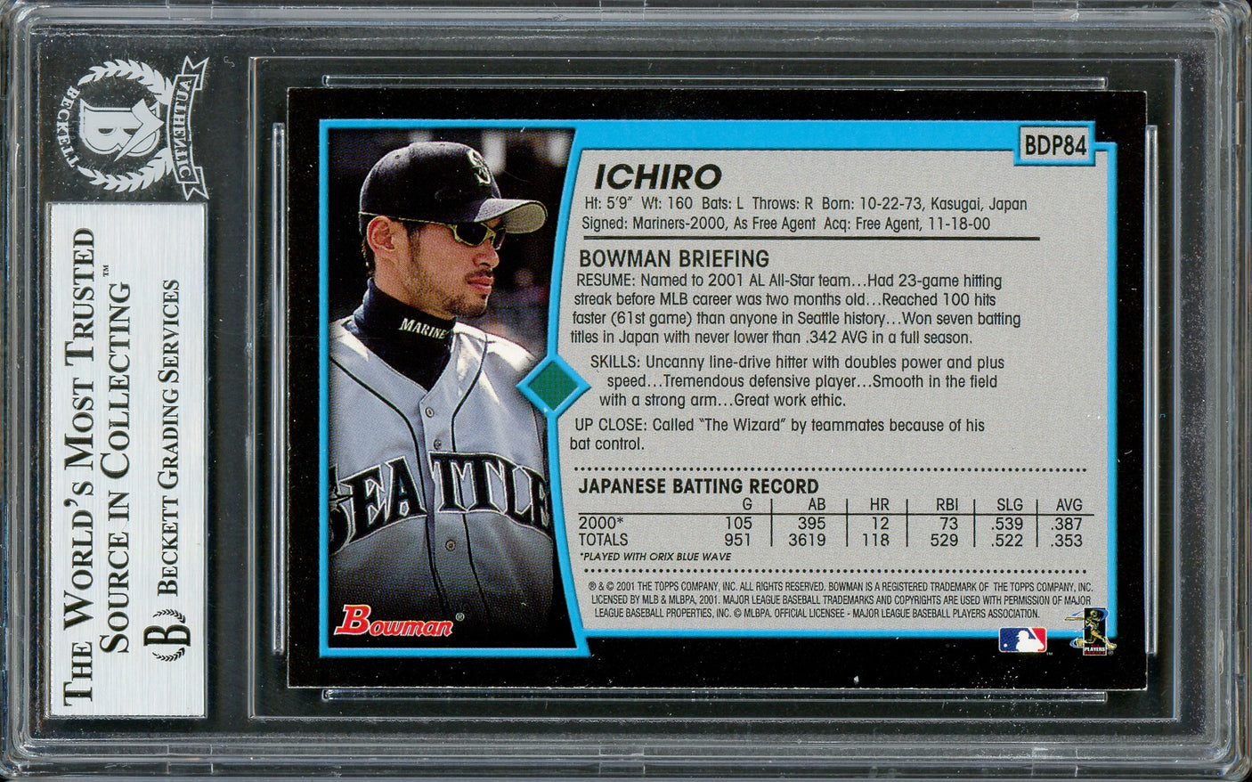 Ichiro Suzuki Autographed 2001 Bowman Draft Picks Rookie Card #BDP84 Seattle Mariners Beckett BAS #12783674