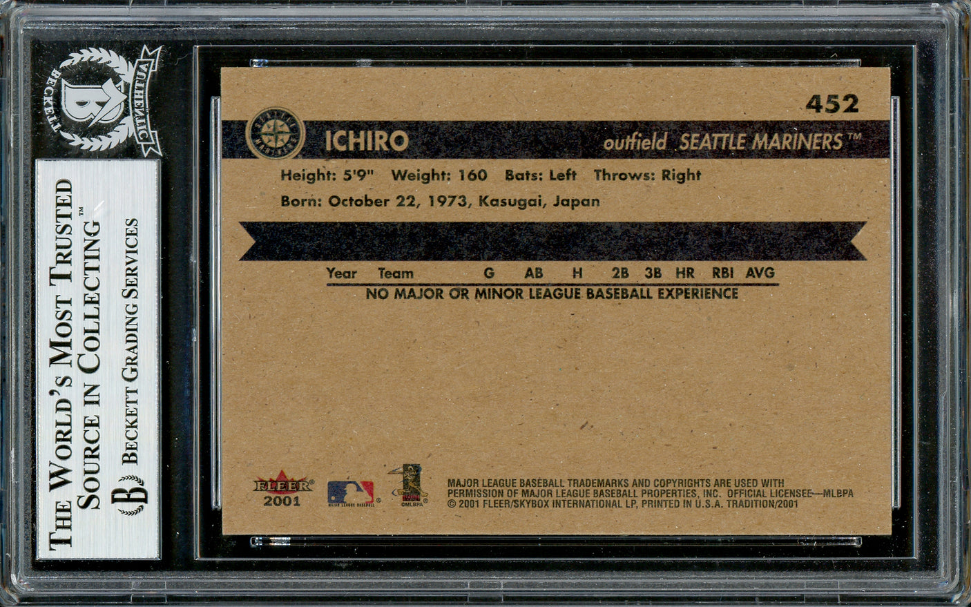 Ichiro Suzuki Autographed 2001 Fleer Tradition Rookie Card #452 Seattle Mariners Beckett BAS #12783687