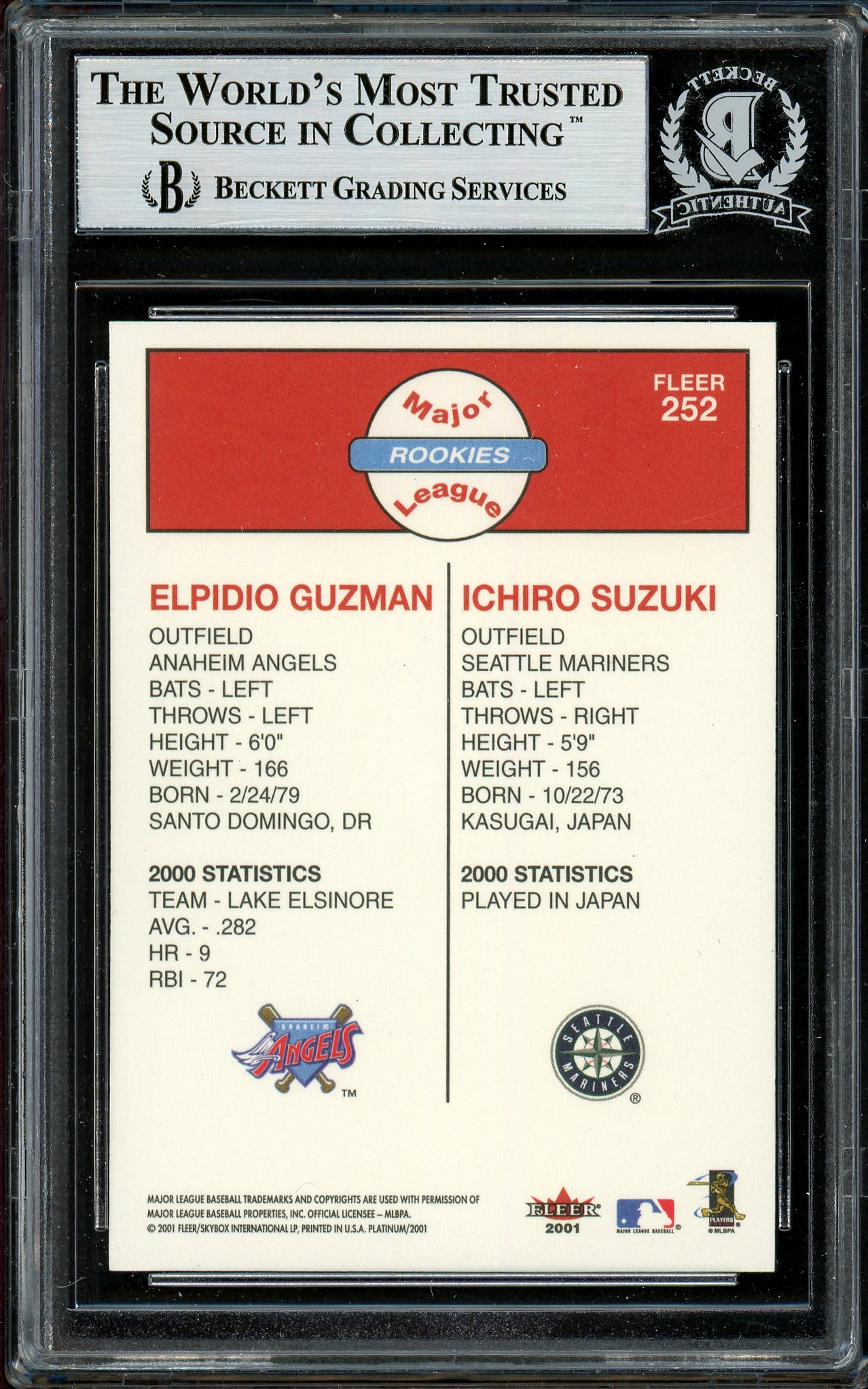 Ichiro Suzuki Autographed 2001 Fleer Platinum Rookie Card #252 Seattle Mariners Beckett BAS #12783690