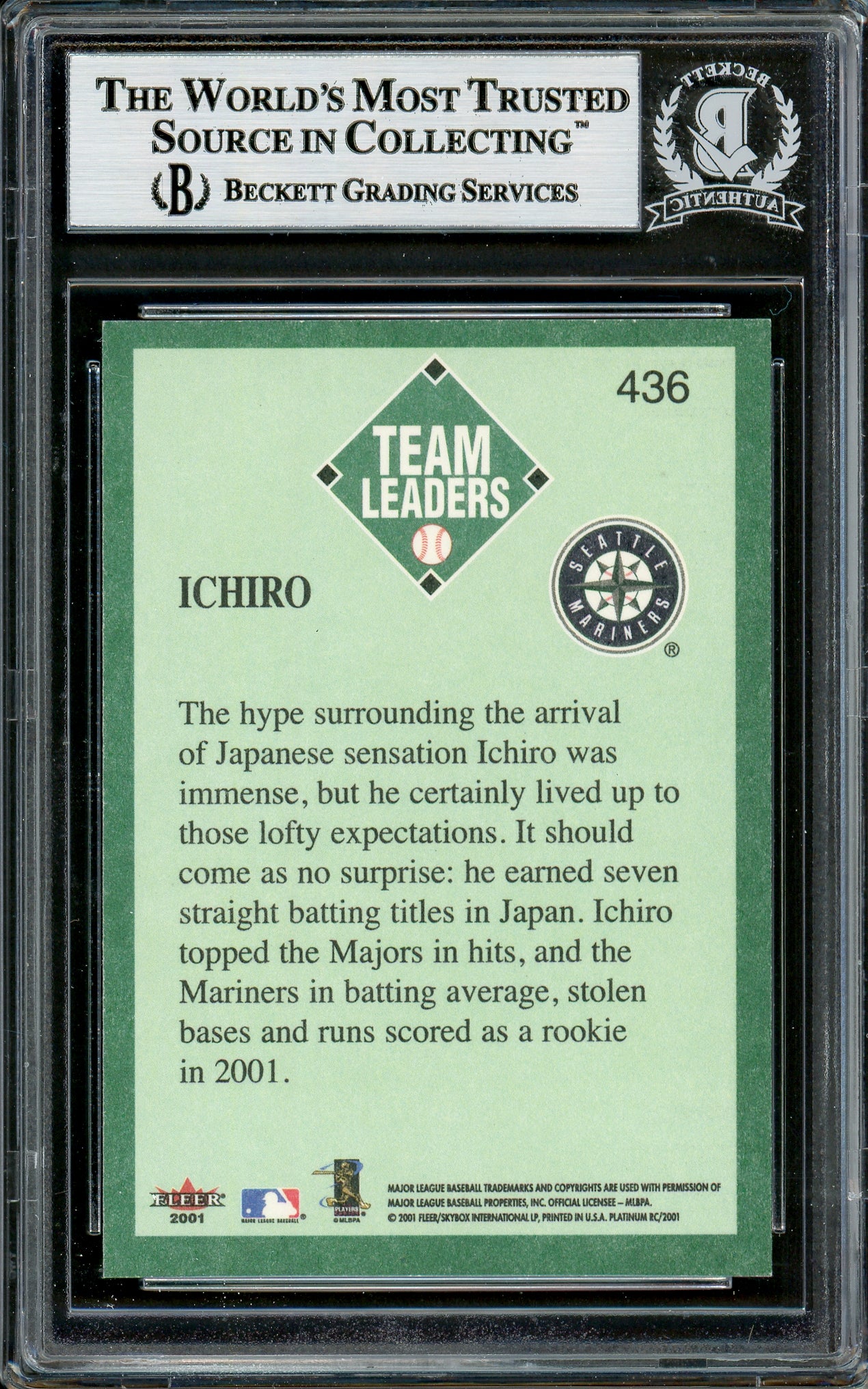 Ichiro Suzuki Autographed 2001 Fleer Platinum Rookie Card #436 Seattle Mariners Beckett BAS #12785148