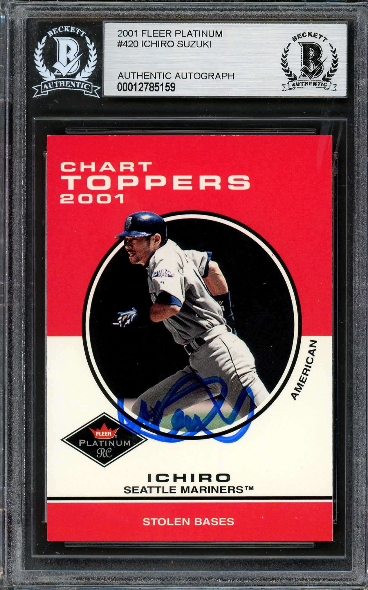 Ichiro Suzuki Autographed 2001 Fleer Platinum Rookie Card #420 Seattle Mariners Beckett BAS #12785159