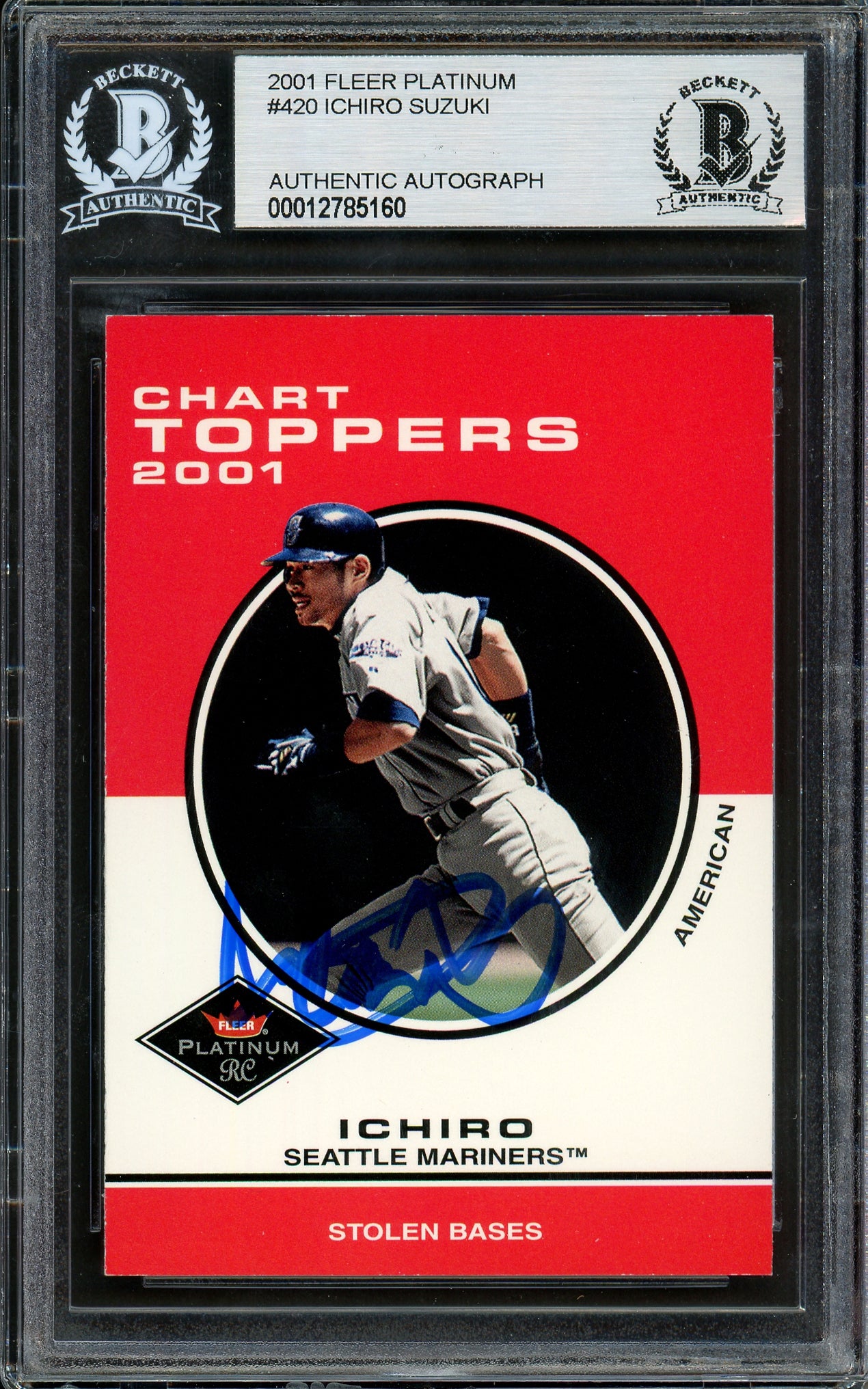 Ichiro Suzuki Autographed 2001 Fleer Platinum Rookie Card #420 Seattle Mariners Beckett BAS #12785160