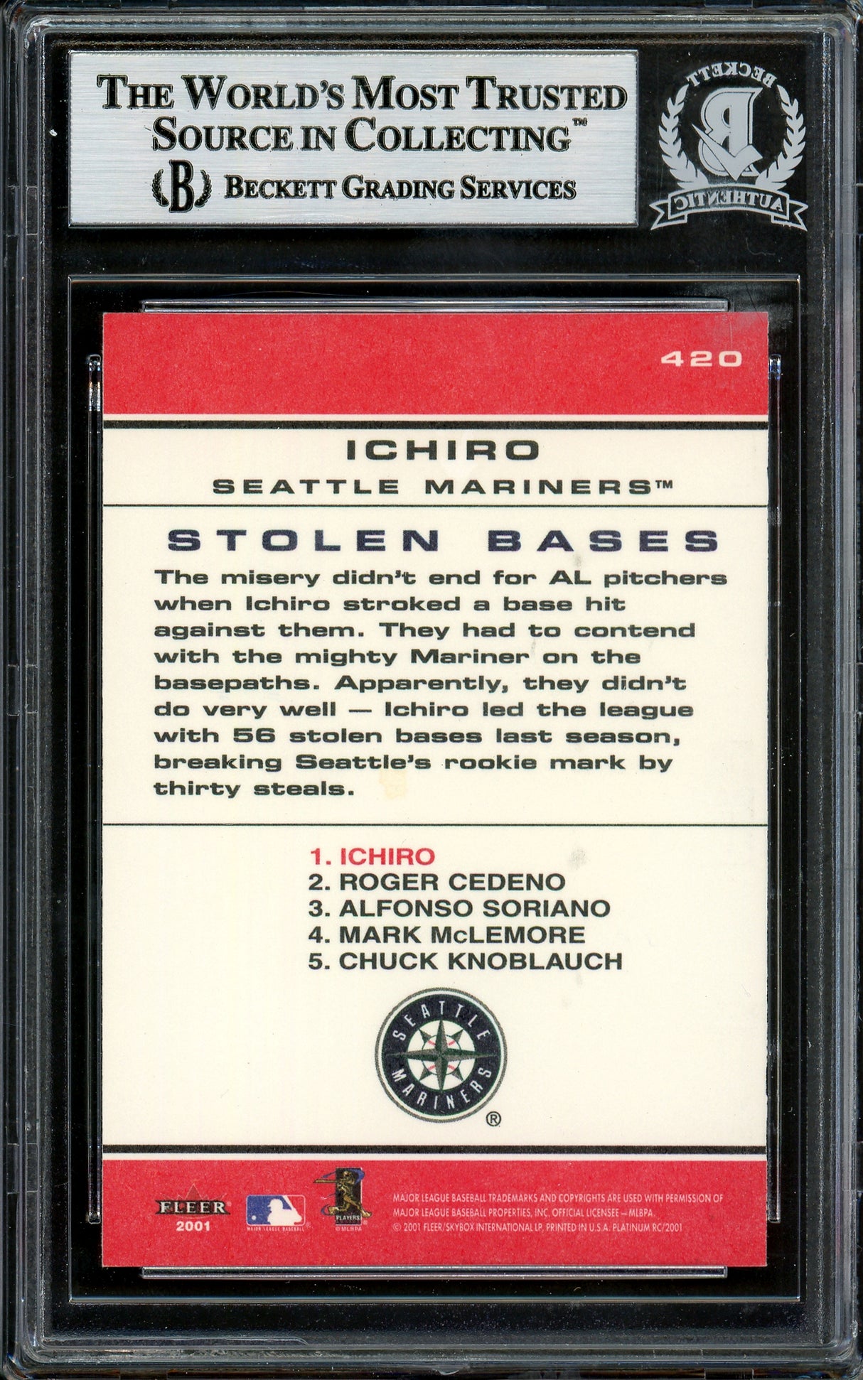 Ichiro Suzuki Autographed 2001 Fleer Platinum Rookie Card #420 Seattle Mariners Beckett BAS #12785160