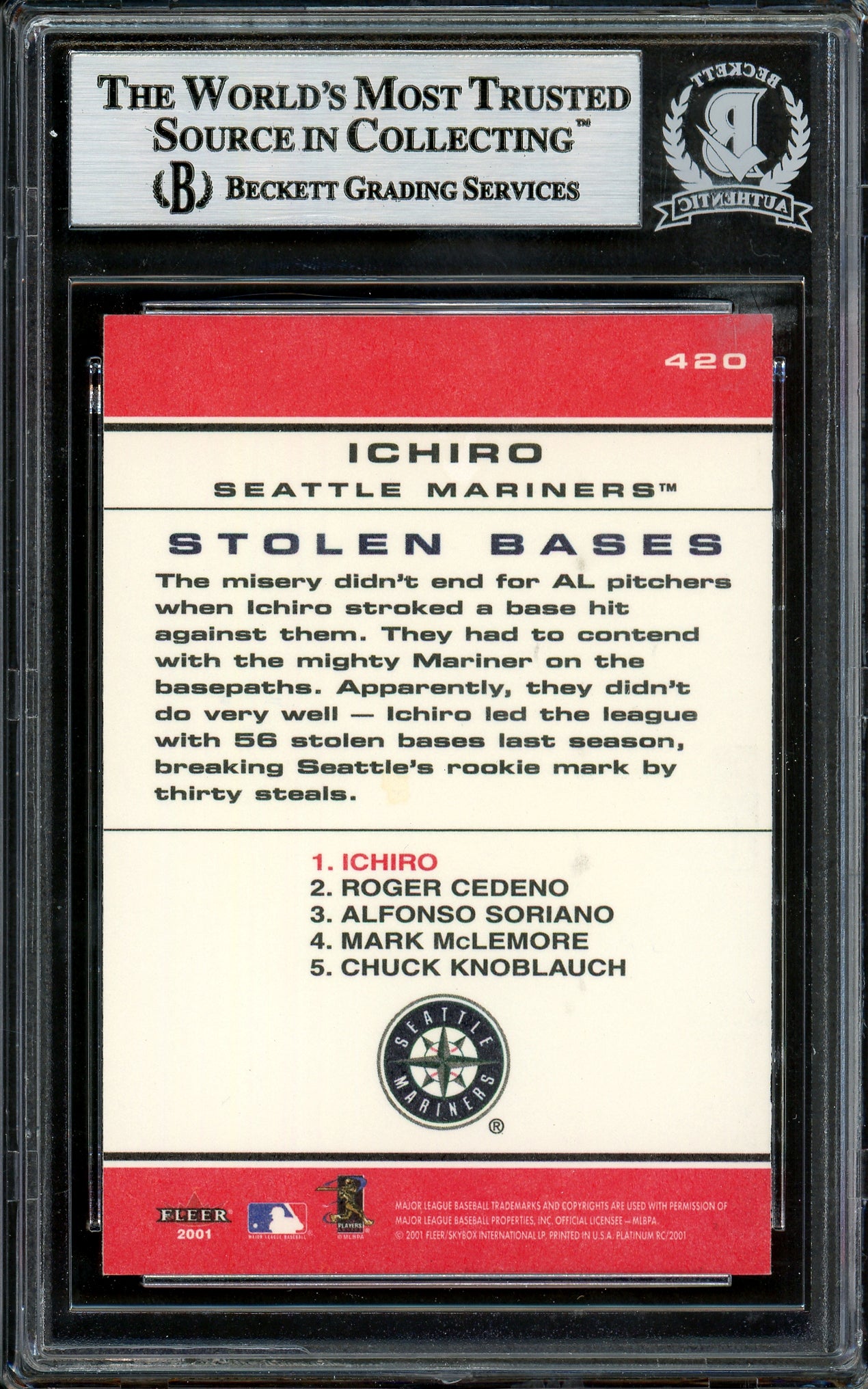 Ichiro Suzuki Autographed 2001 Fleer Platinum Rookie Card #420 Seattle Mariners Beckett BAS #12785160