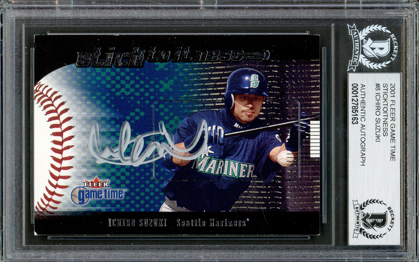 Ichiro Suzuki Autographed 2001 Fleer Game Time Sticktoitness Rookie Card #8 Seattle Mariners Beckett BAS Stock #194177