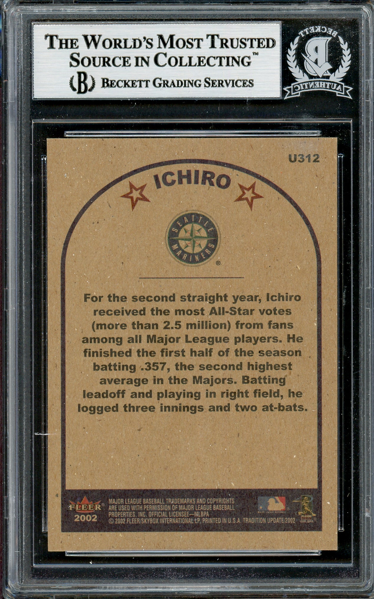 Ichiro Suzuki Autographed 2002 Fleer Tradition Update Card #U312 Seattle Mariners Beckett BAS Stock #194183