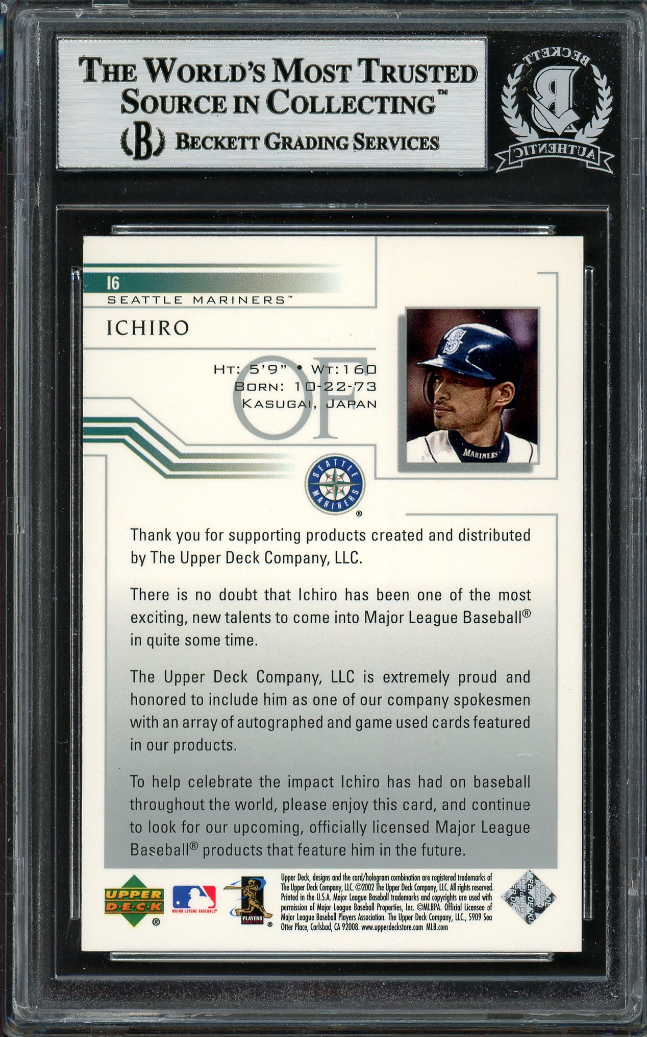 Ichiro Suzuki Autographed 2002 Upper Deck Card #I6 Seattle Mariners Beckett BAS #12785335