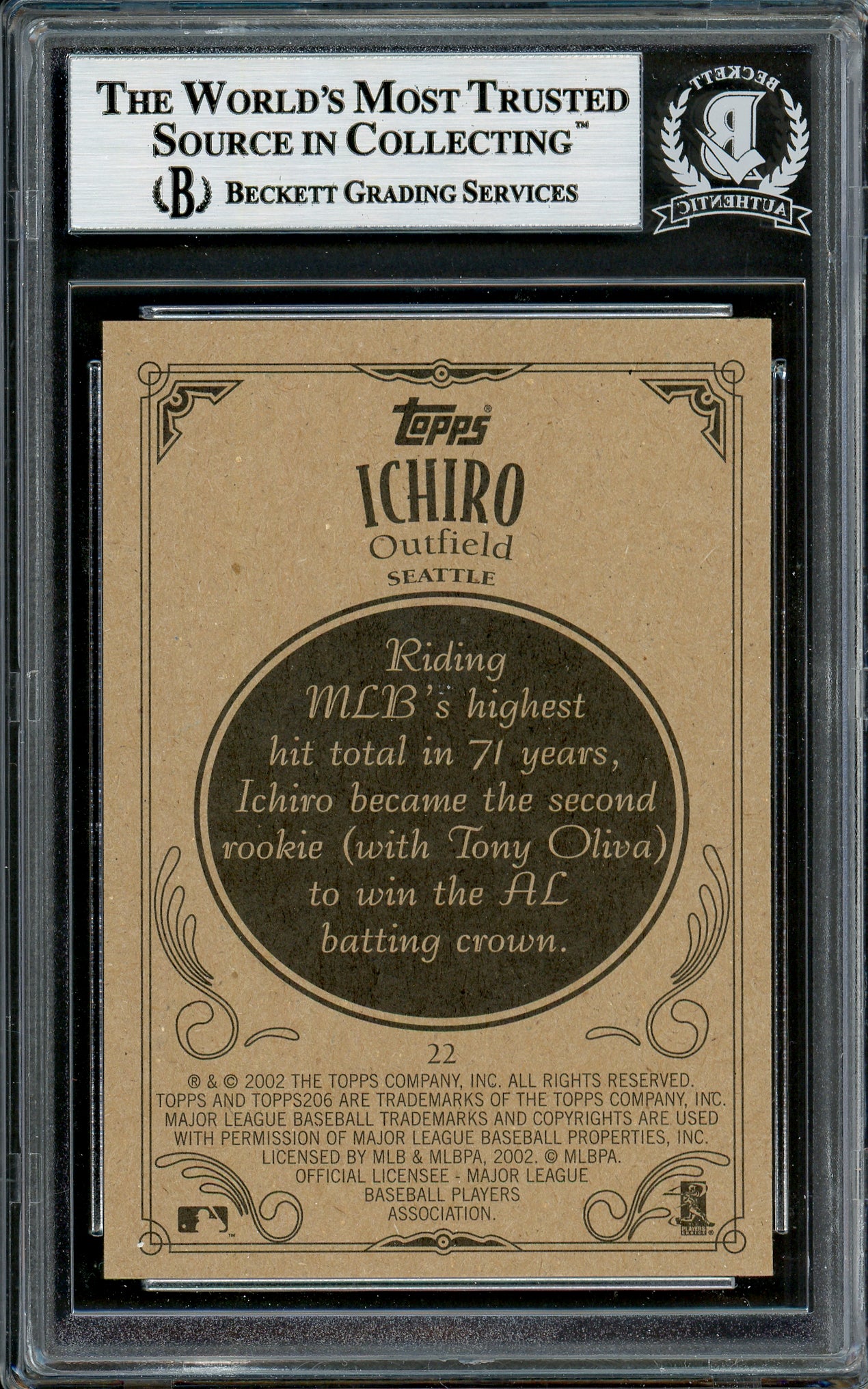 Ichiro Suzuki Autographed 2002 Topps 206 Card #22 Seattle Mariners Beckett BAS Stock #194200