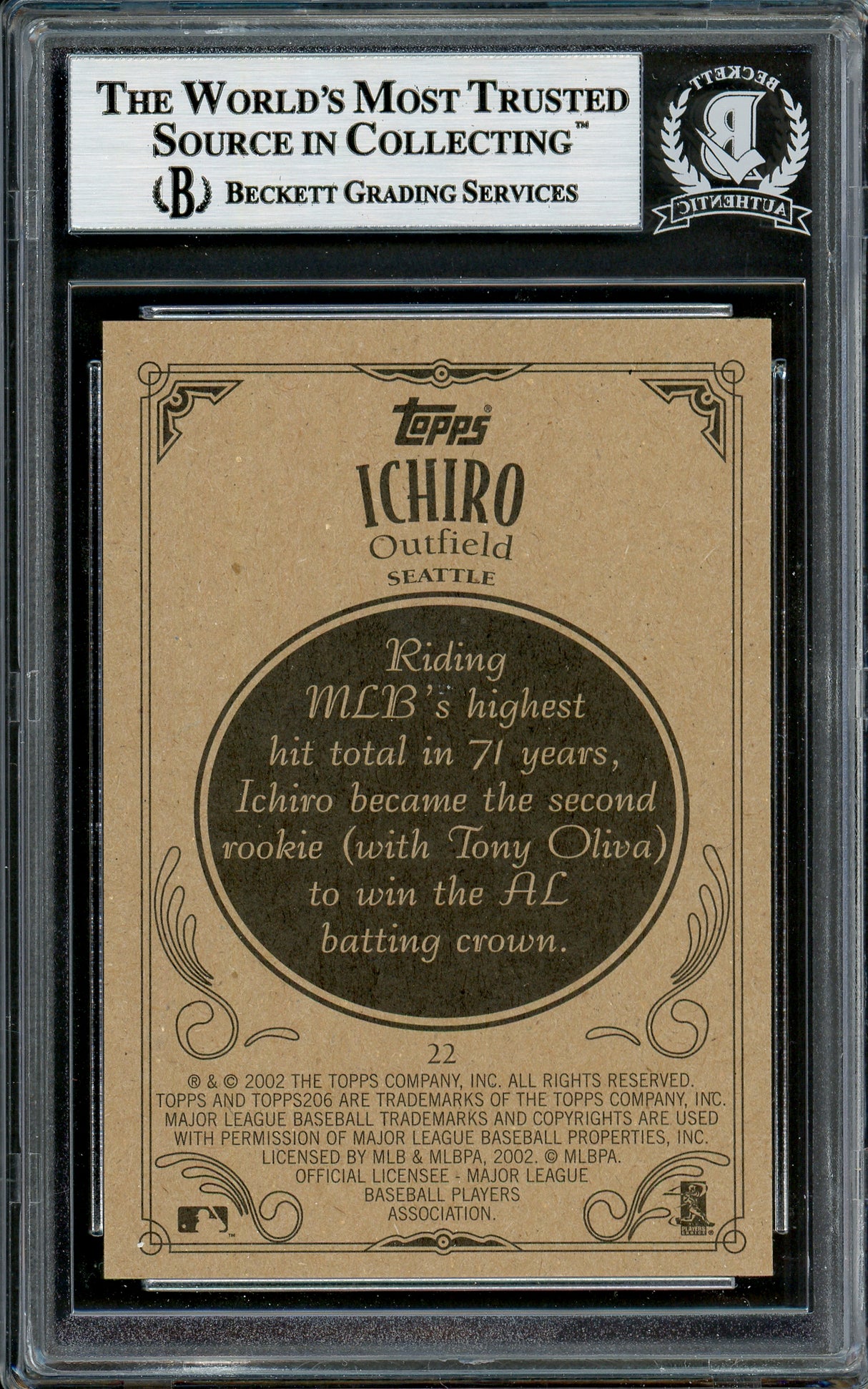 Ichiro Suzuki Autographed 2002 Topps 206 Card #22 Seattle Mariners Beckett BAS Stock #194200