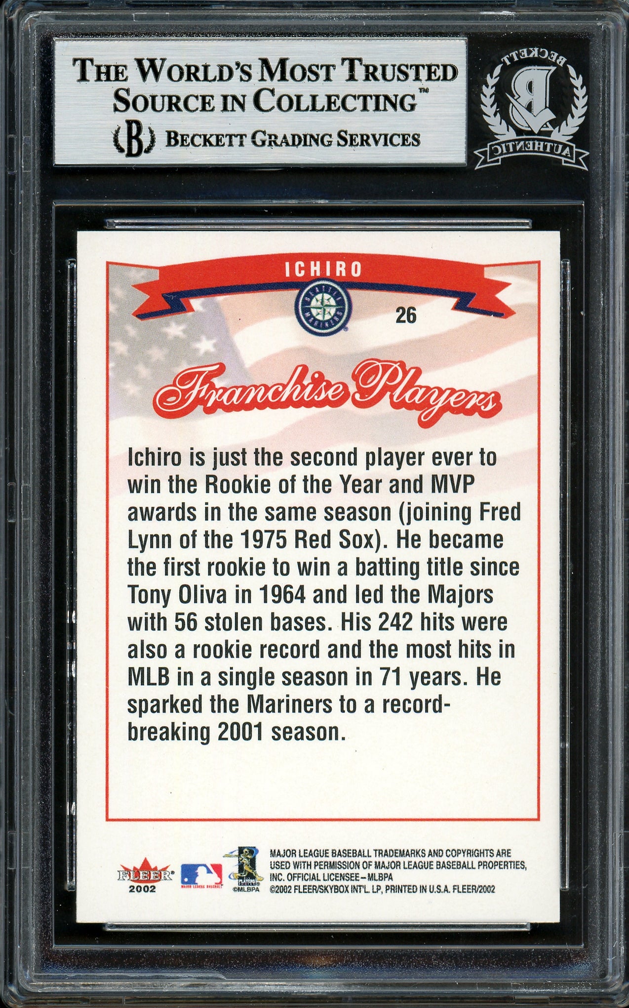 Ichiro Suzuki Autographed 2002 Fleer Franchise Players Card #26 Seattle Mariners Beckett BAS Stock #194202