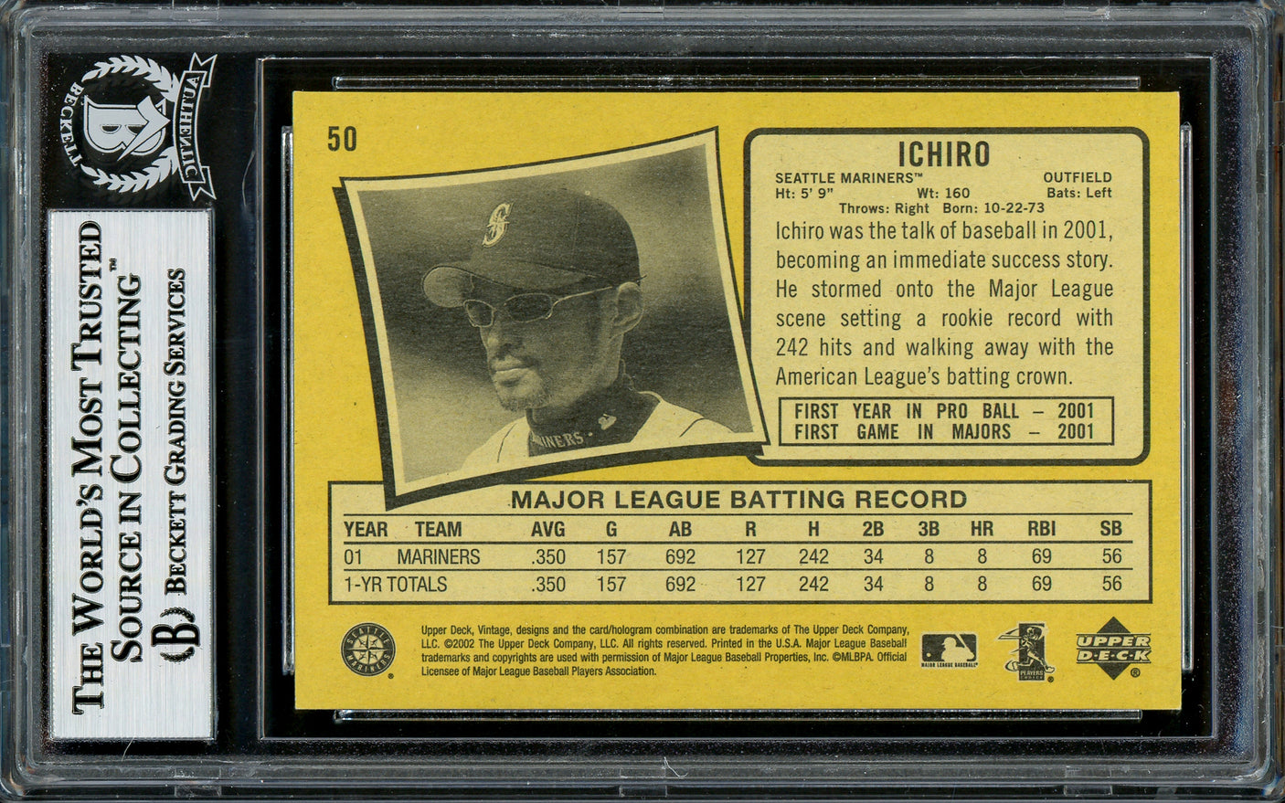 Ichiro Suzuki Autographed 2002 Upper Deck Vintage Card #50 Seattle Mariners Beckett BAS Stock #194204