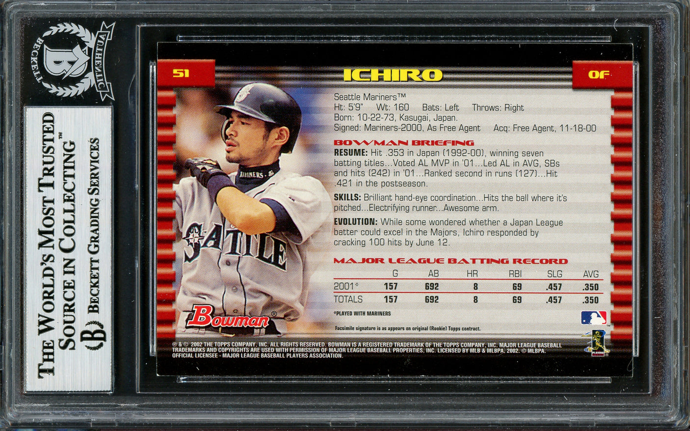 Ichiro Suzuki Autographed 2002 Bowman Card #51 Seattle Mariners Beckett BAS Stock #194207