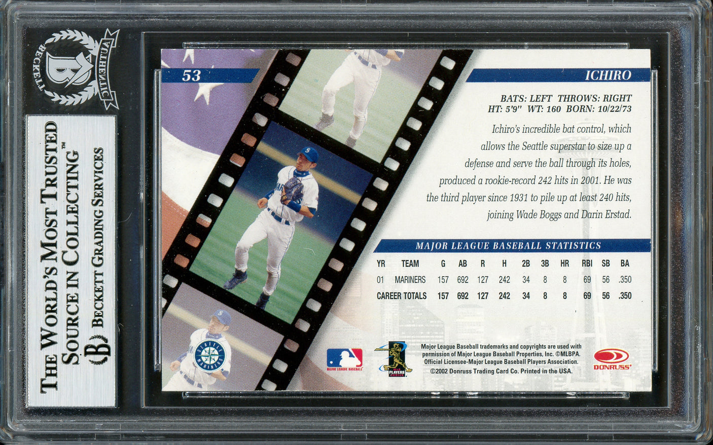 Ichiro Suzuki Autographed 2002 Donruss Studio Card #53 Seattle Mariners Beckett BAS Stock #194210