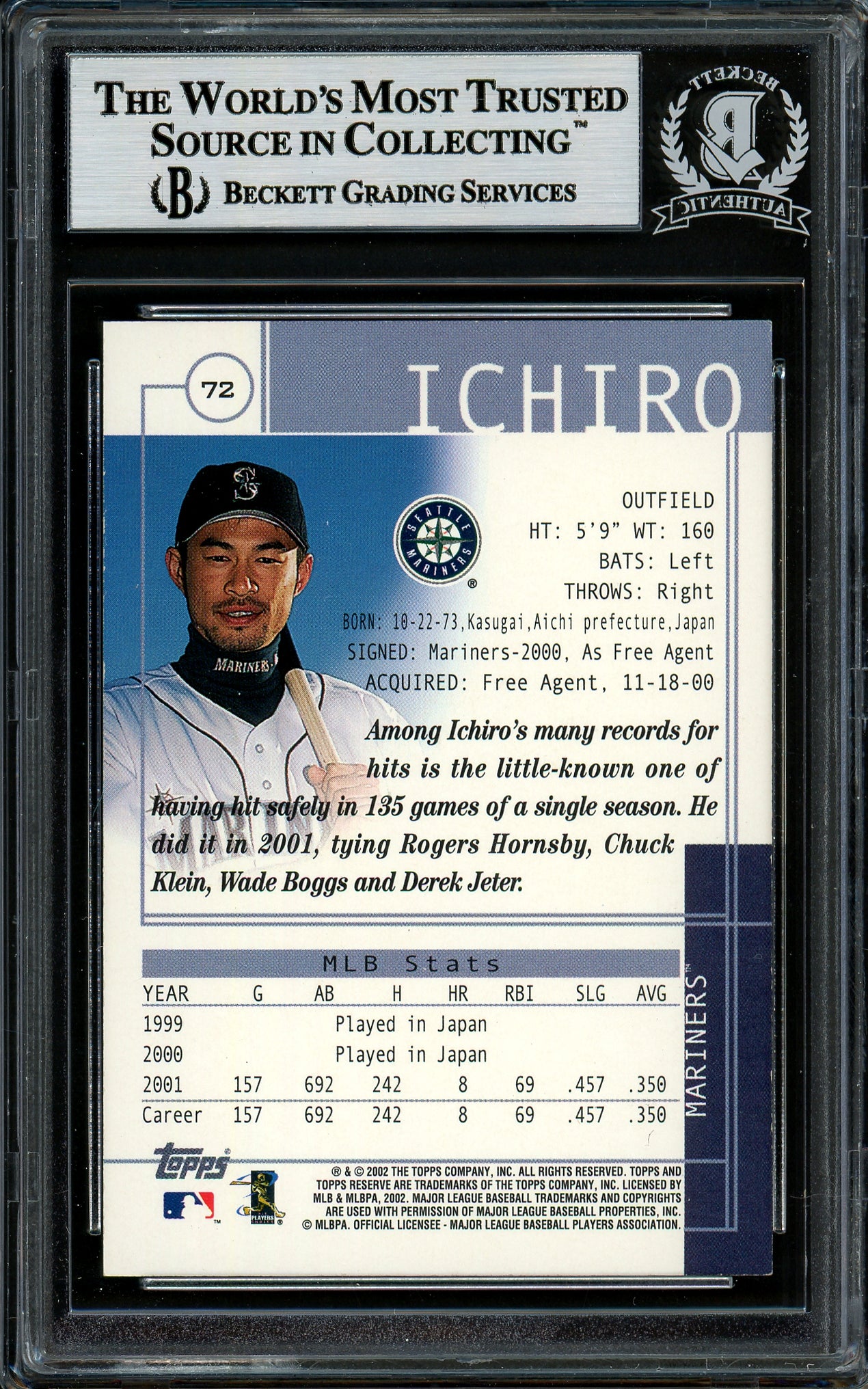 Ichiro Suzuki Autographed 2002 Topps Reserve Card #72 Seattle Mariners Beckett BAS #12785479