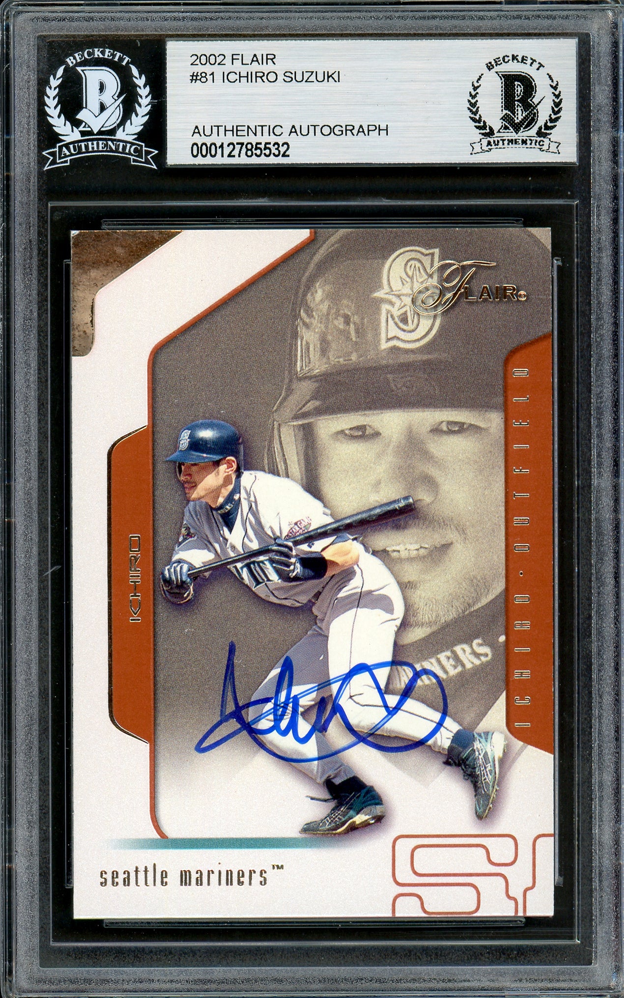 Ichiro Suzuki Autographed 2002 Fleer Flair Card #81 Seattle Mariners Beckett BAS Stock #194220