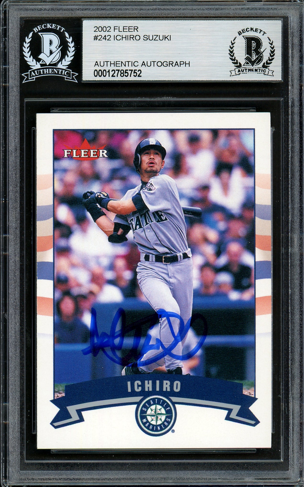 Ichiro Suzuki Autographed 2002 Fleer Card #242 Seattle Mariners Gold Letter Beckett BAS #12785752
