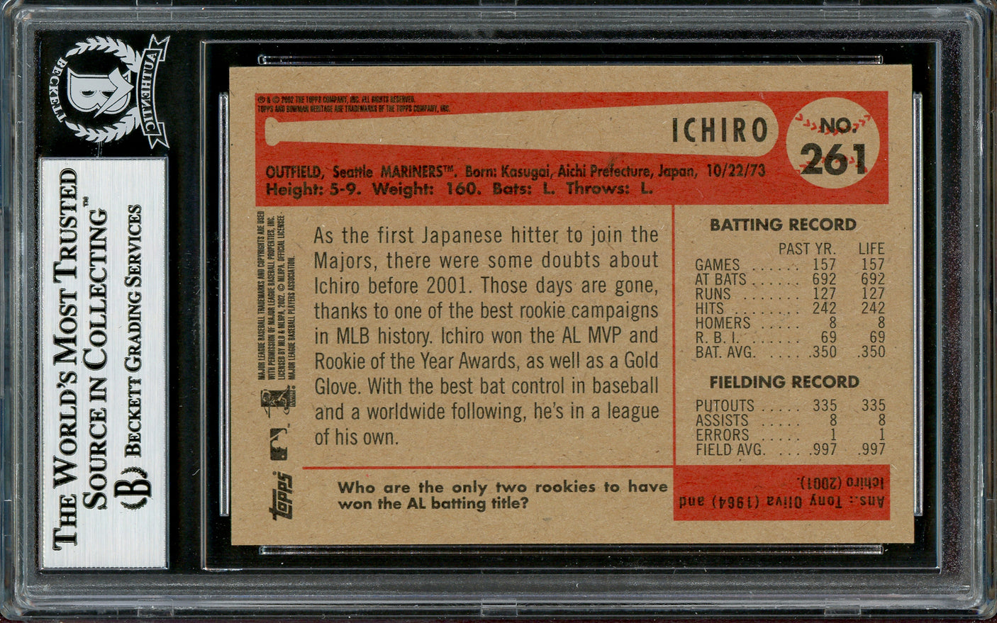 Ichiro Suzuki Autographed 2002 Bowman Heritage Card #261 Seattle Mariners Beckett BAS Stock #194233