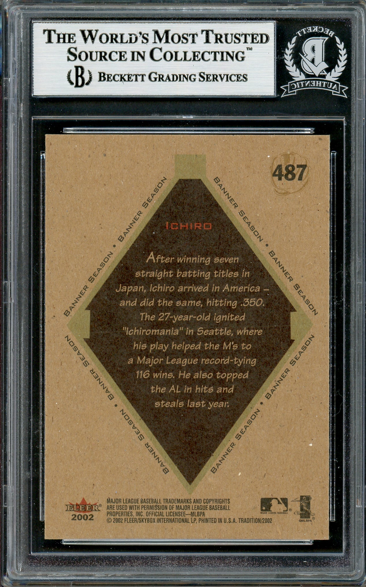 Ichiro Suzuki Autographed 2002 Fleer Tradition Card #487 Seattle Mariners Beckett BAS Stock #194235