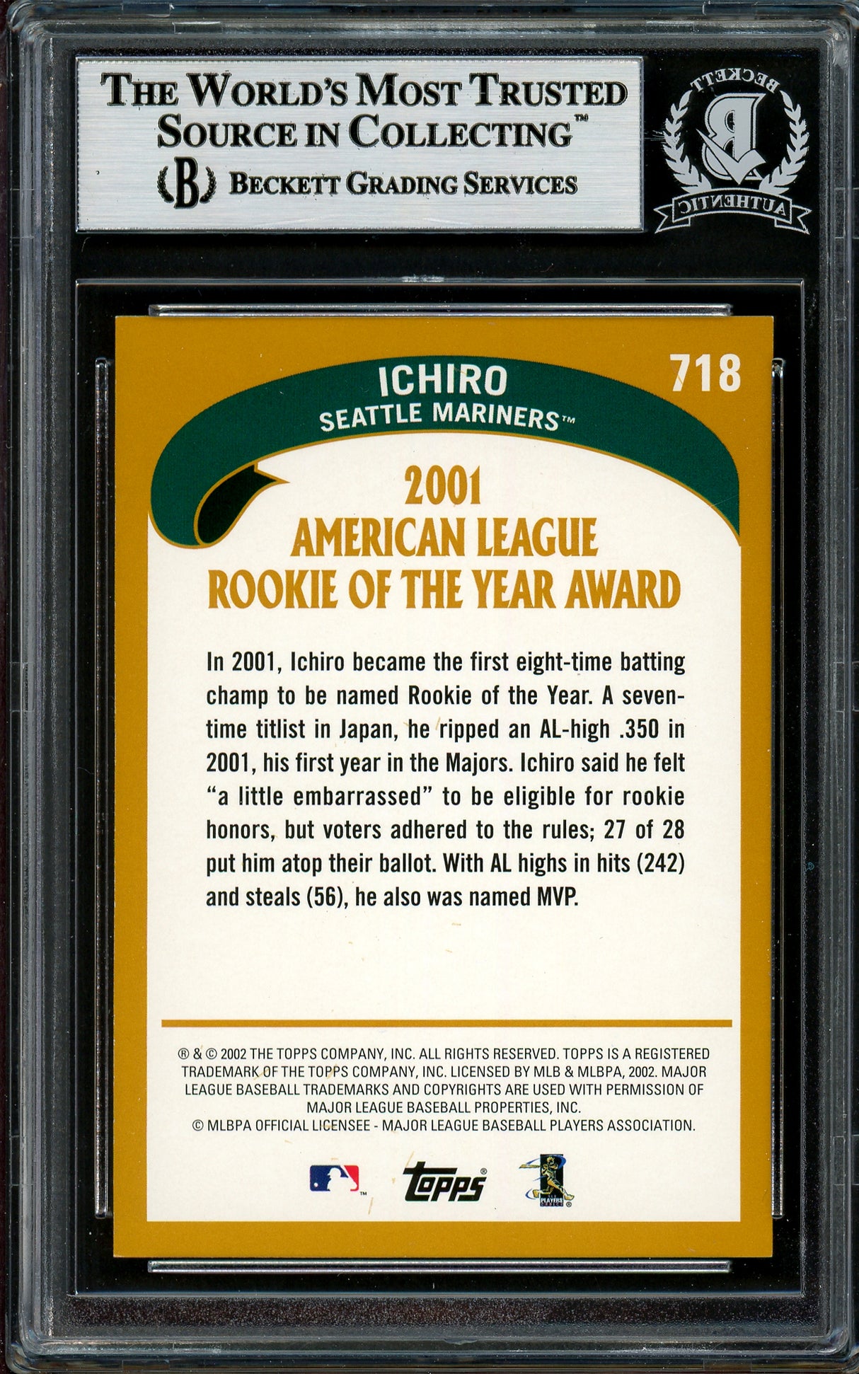 Ichiro Suzuki Autographed 2002 Topps Card #718 Seattle Mariners Beckett BAS #12785916