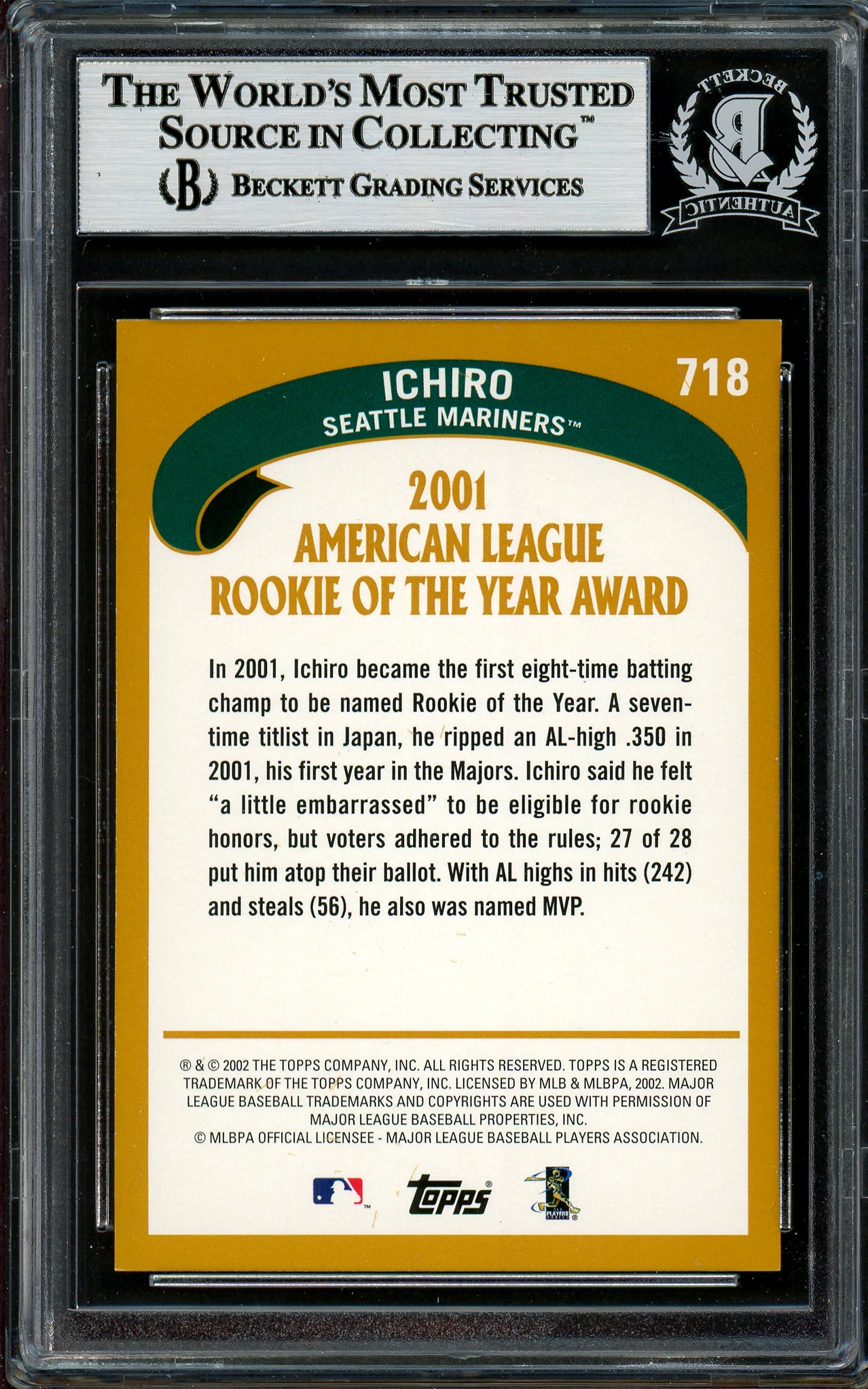 Ichiro Suzuki Autographed 2002 Topps Card #718 Seattle Mariners Beckett BAS #12785916
