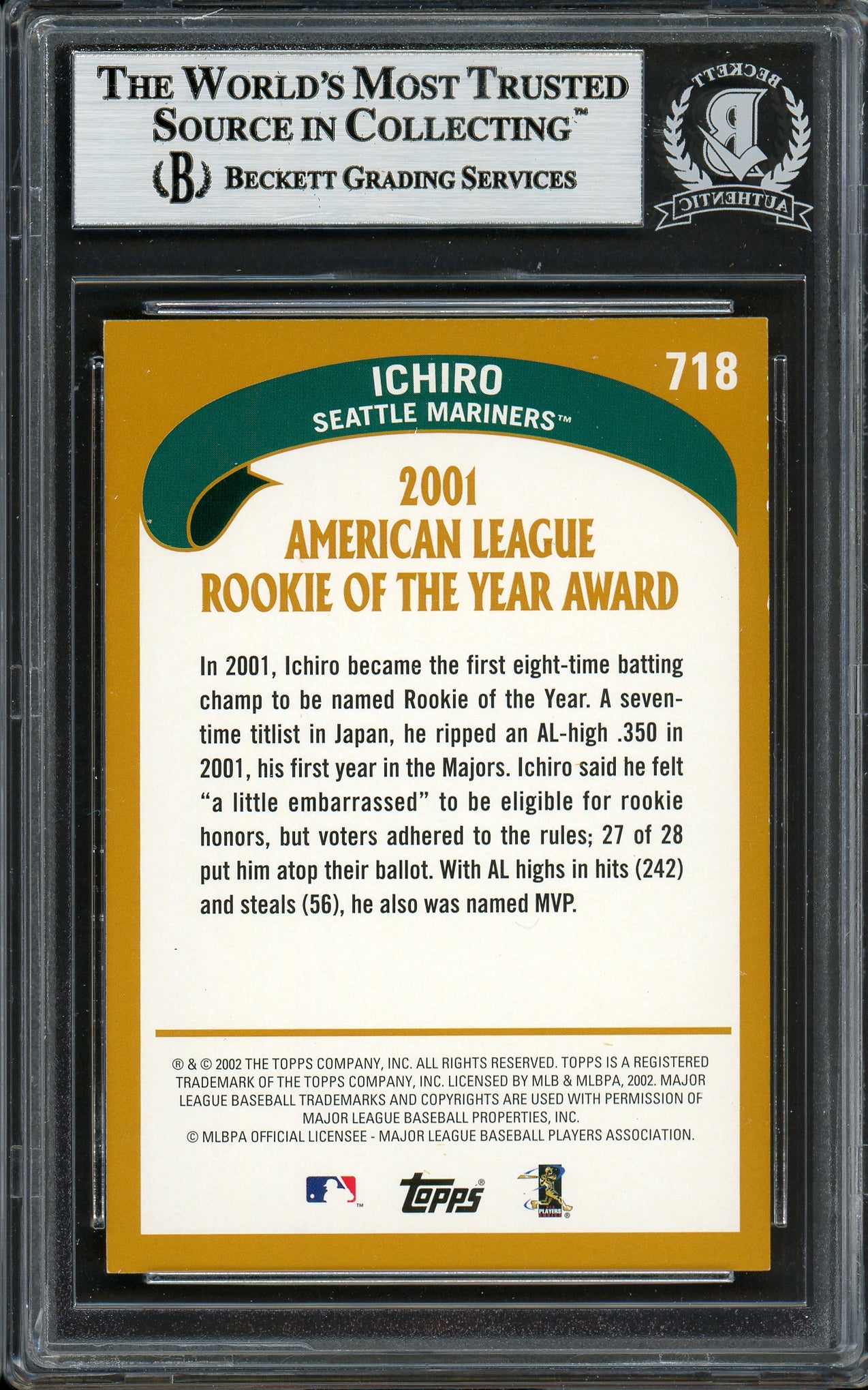 Ichiro Suzuki Autographed 2002 Topps Card #718 Seattle Mariners Beckett BAS #12785917