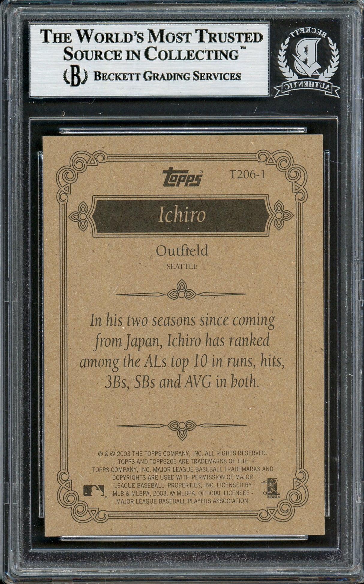 Ichiro Suzuki Autographed 2002 Topps 206 Card #T206-1 Seattle Mariners Beckett BAS Stock #194246