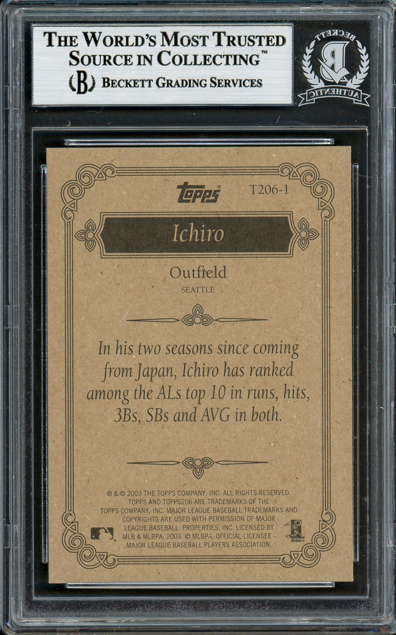 Ichiro Suzuki Autographed 2002 Topps 206 Card #T206-1 Seattle Mariners Beckett BAS Stock #194246