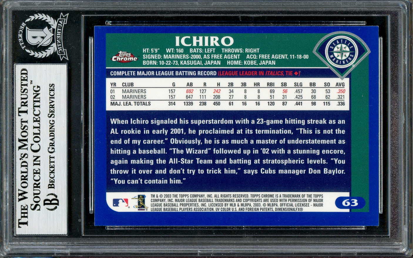 Ichiro Suzuki Autographed 2003 Topps Chrome Card #63 Seattle Mariners Beckett BAS #12785964