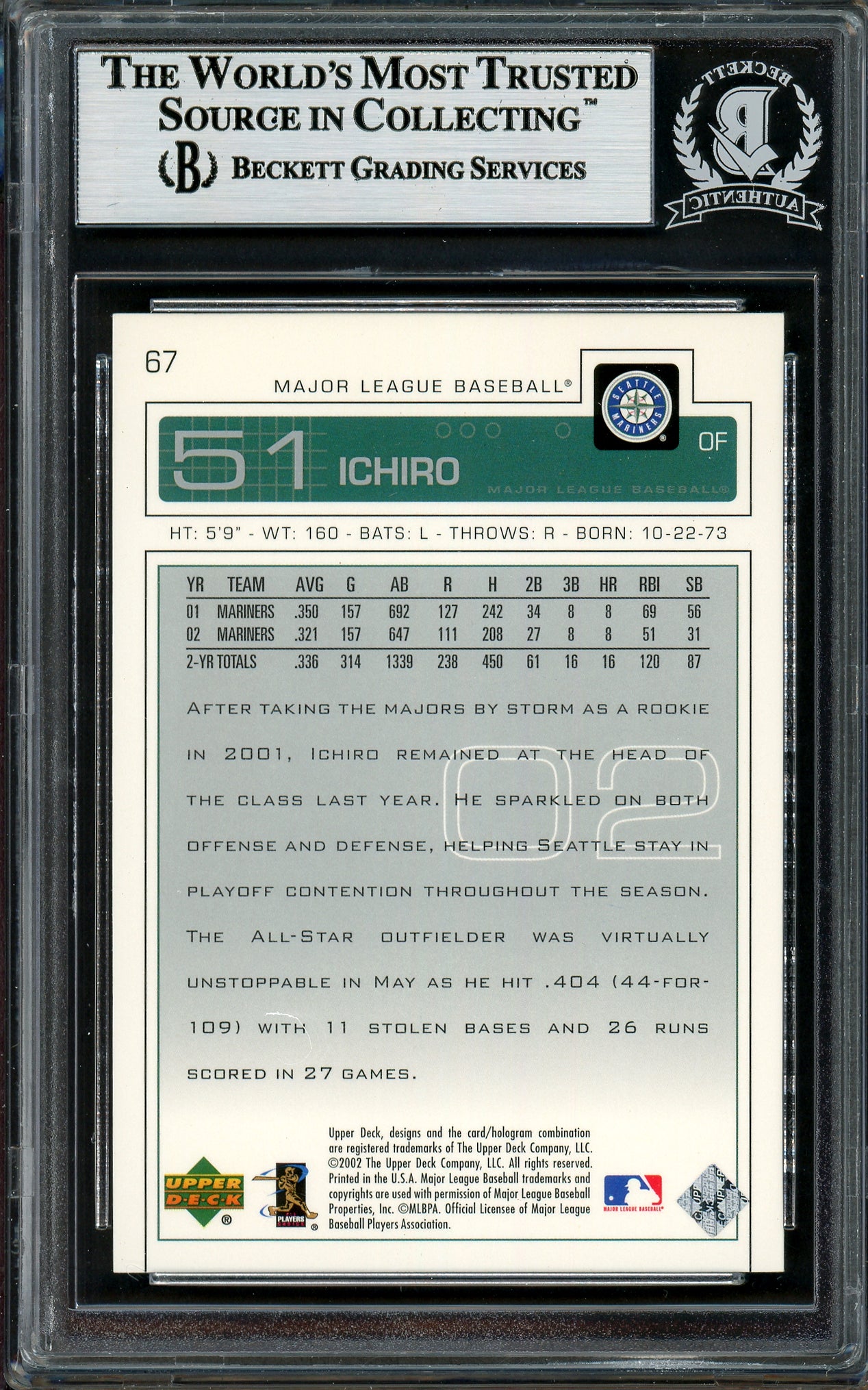 Ichiro Suzuki Autographed 2003 Upper Deck Card #67 Seattle Mariners Beckett BAS Stock #194259