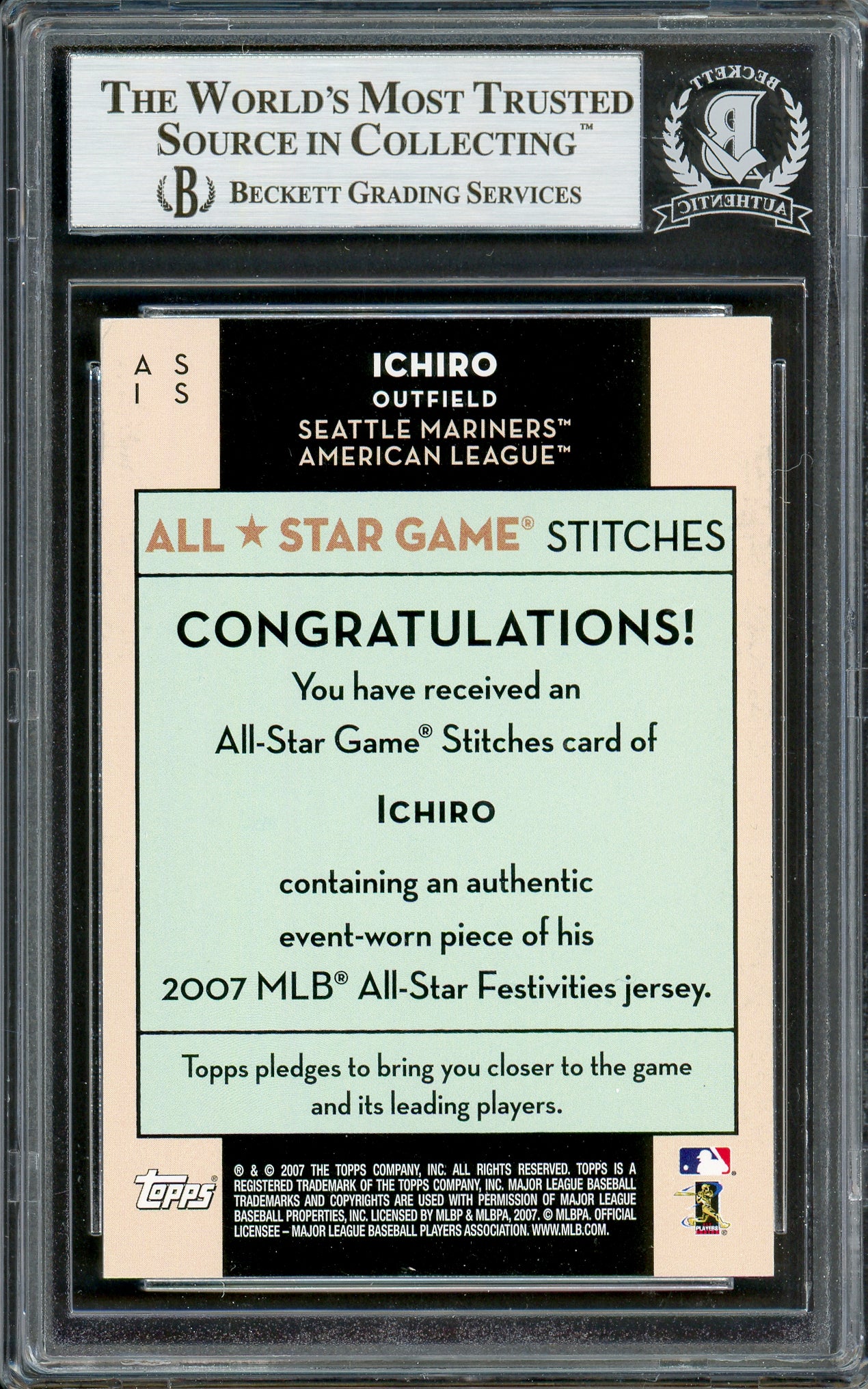 Ichiro Suzuki Autographed 2007 Topps All Star Stitches Game Worn Jersey Card #AS IS Seattle Mariners Beckett BAS #12785999