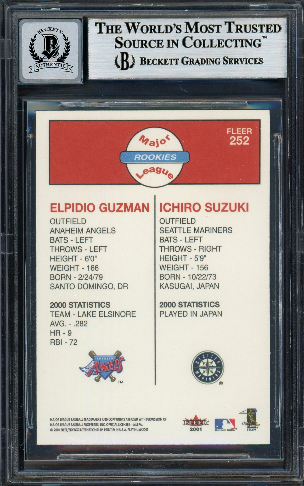 Ichiro Suzuki Autographed 2001 Fleer Platinum Rookie Card #252 Seattle Mariners Auto Grade Gem Mint 10 Beckett BAS #12786146