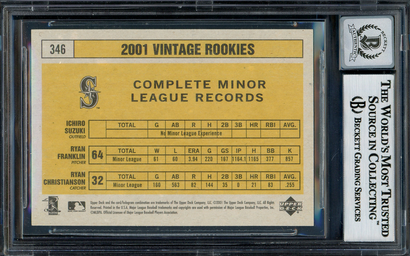 Ichiro Suzuki Autographed 2001 Upper Deck Vintage Rookie Card #346 Seattle Mariners Auto Grade Gem Mint 10 Beckett BAS Stock #194284