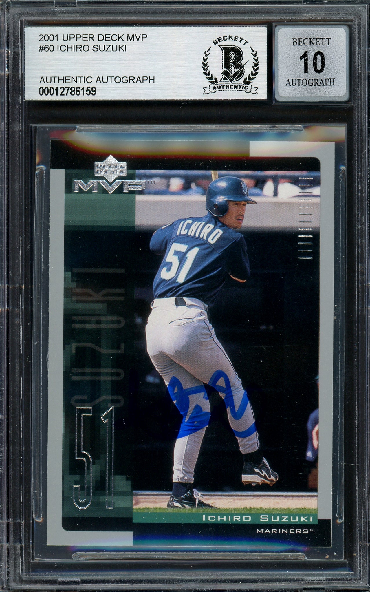 Ichiro Suzuki Autographed 2001 Upper Deck MVP Rookie Card #60 Seattle Mariners Auto Grade Gem Mint 10 Signed in Blue Beckett BAS Stock #194285