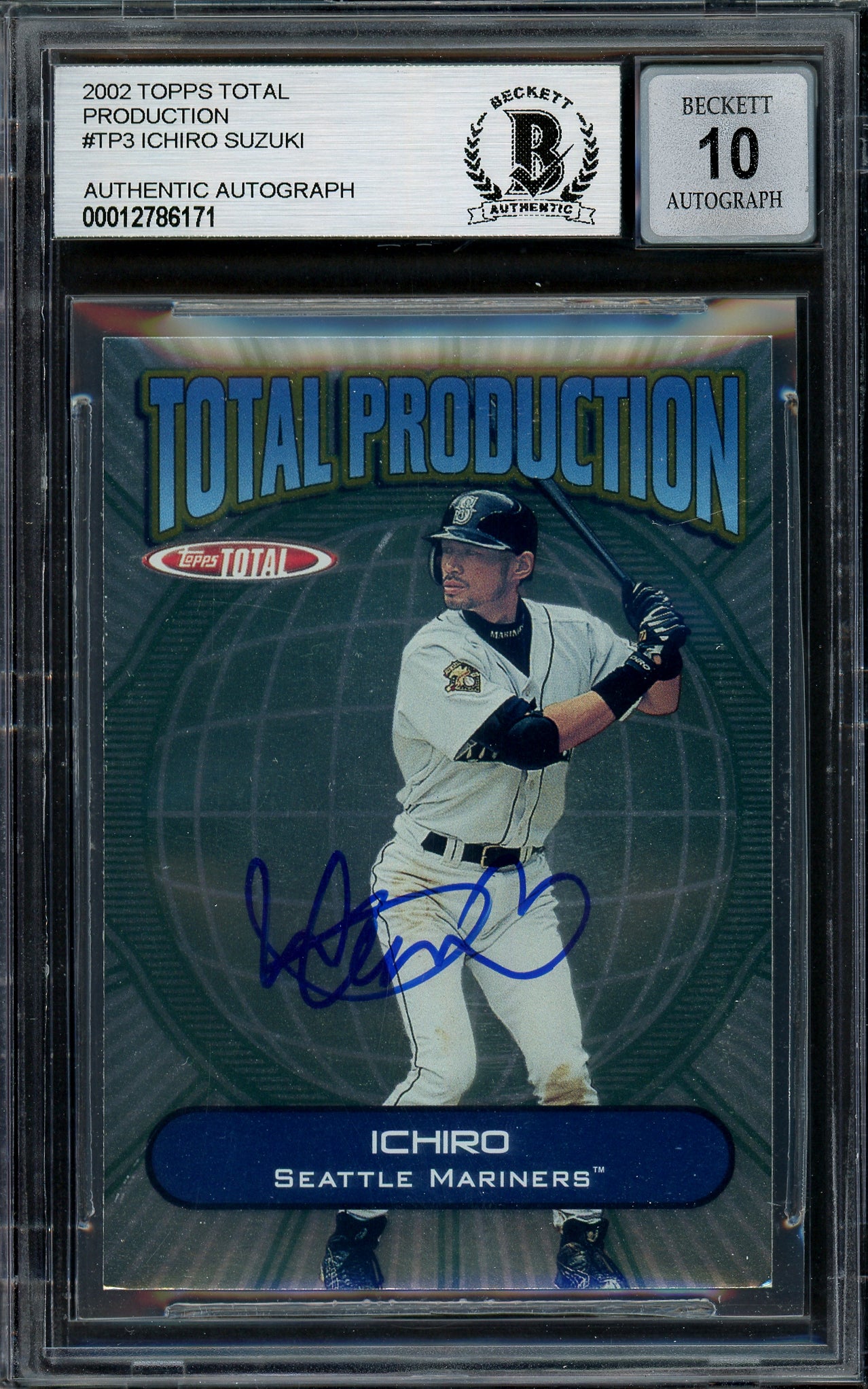 Ichiro Suzuki Autographed 2002 Topps Total Production Card #TP3 Seattle Mariners Auto Grade Gem Mint 10 Beckett BAS #12786171