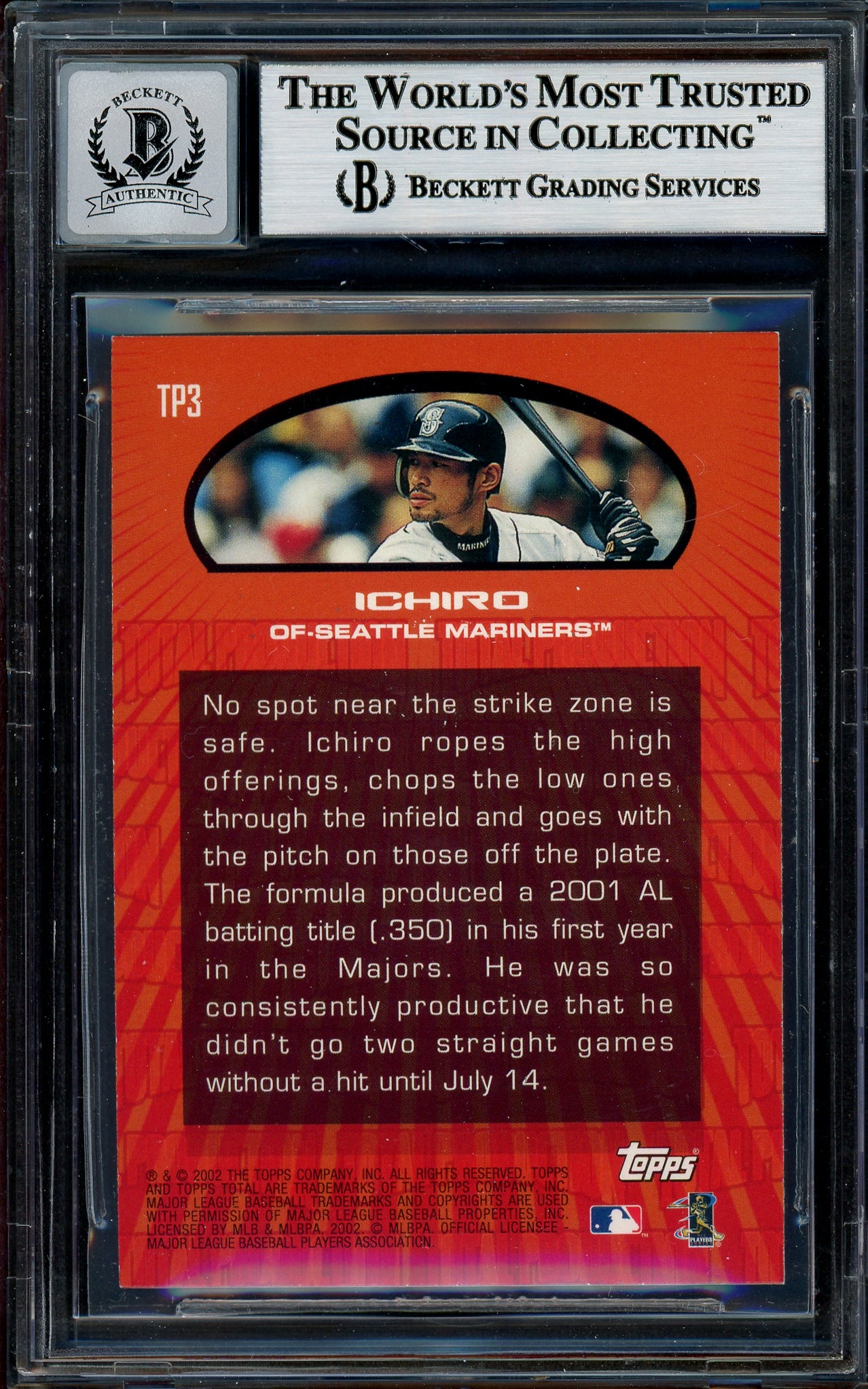 Ichiro Suzuki Autographed 2002 Topps Total Production Card #TP3 Seattle Mariners Auto Grade Gem Mint 10 Beckett BAS #12786171