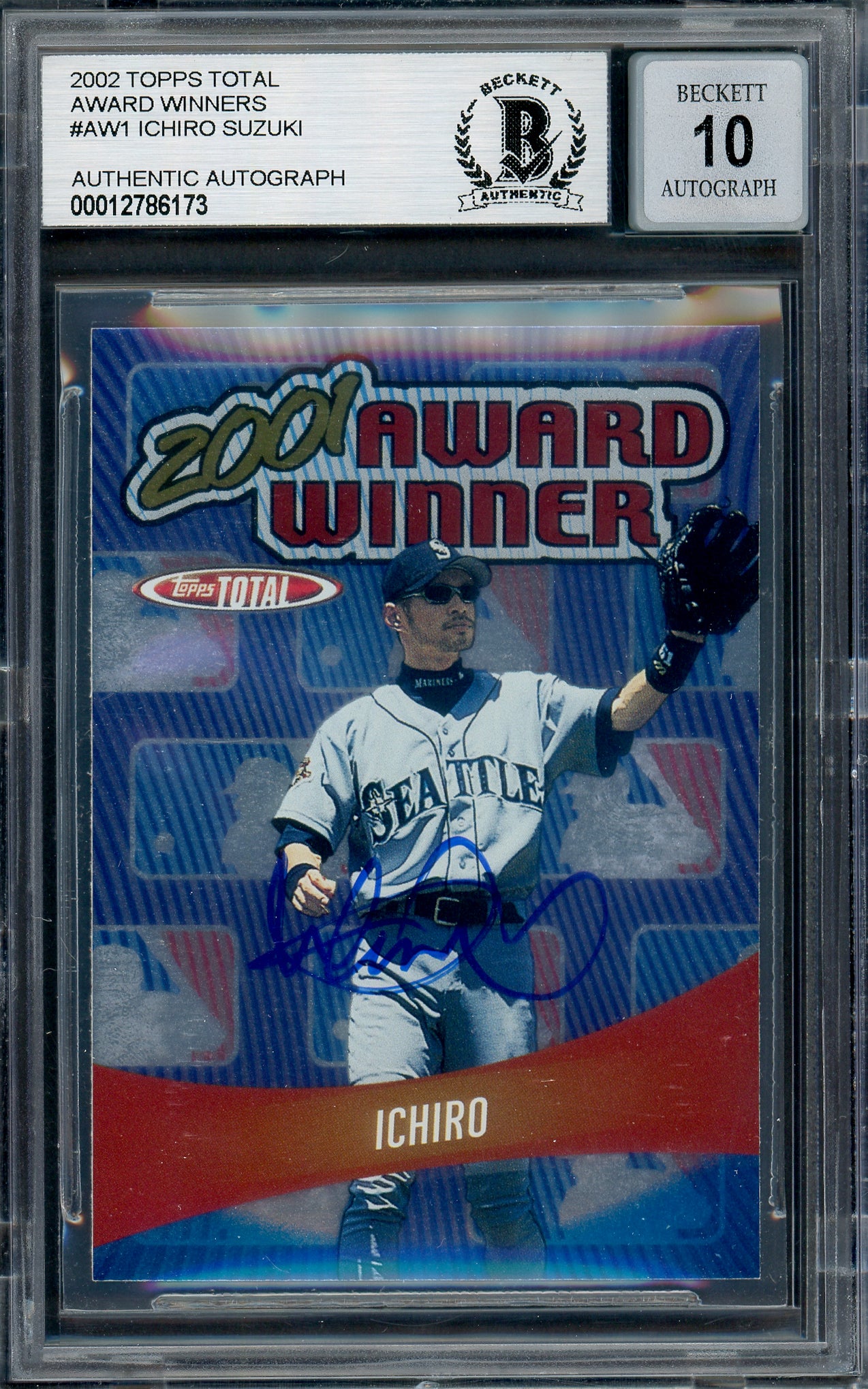 Ichiro Suzuki Autographed 2002 Topps Total 2001 Award Winner Card #AW1 Seattle Mariners Auto Grade Gem Mint 10 Beckett BAS #12786173