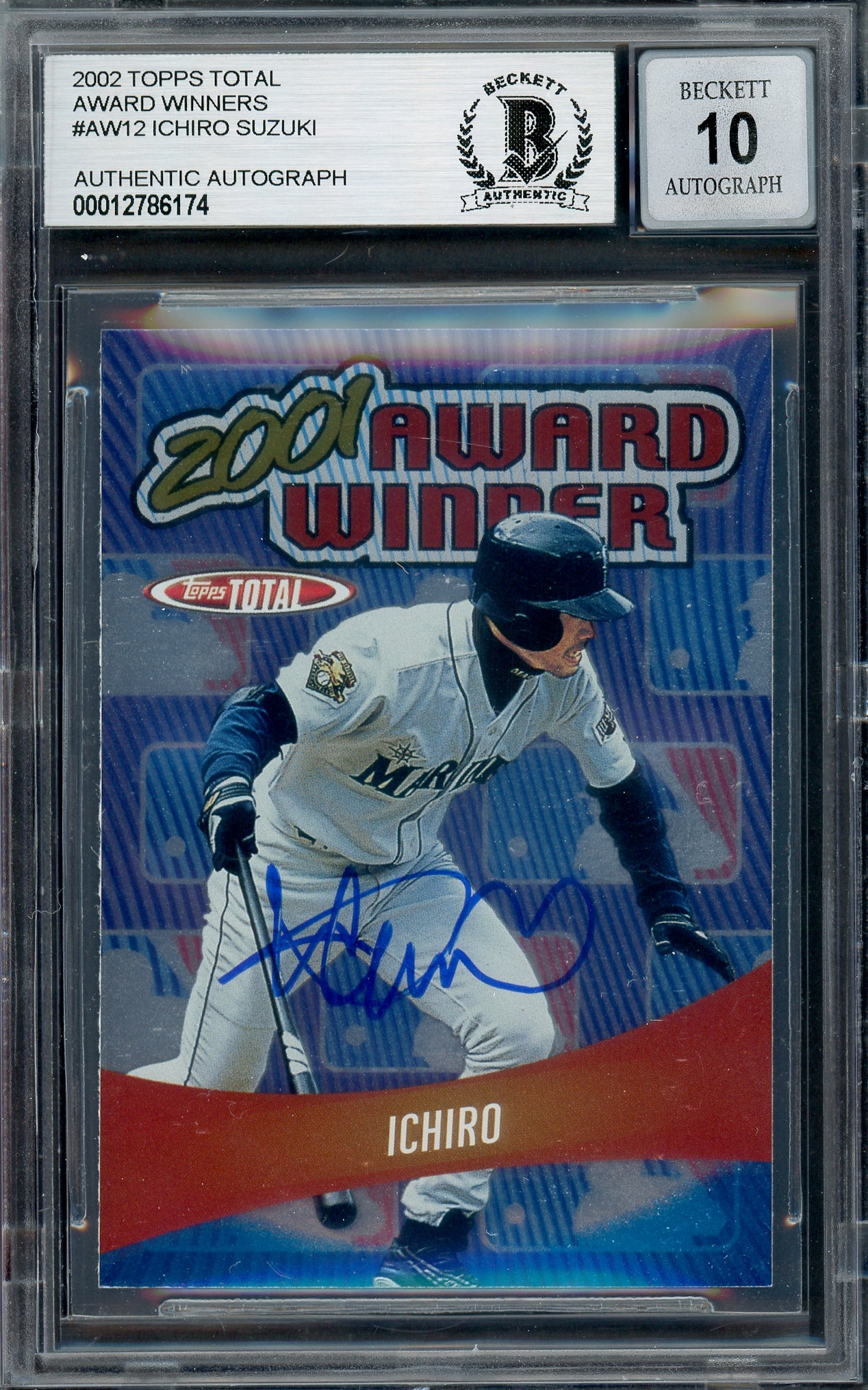 Ichiro Suzuki Autographed 2002 Topps Total 2001 Award Winner Card #AW12 Seattle Mariners Auto Grade Gem Mint 10 Beckett BAS #12786174