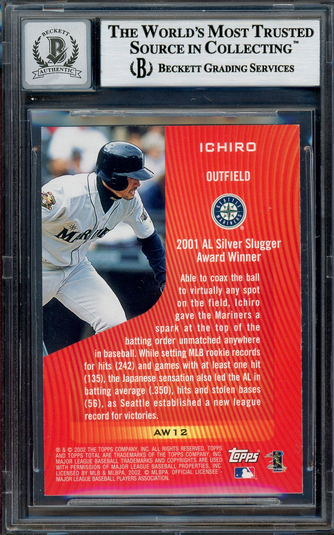 Ichiro Suzuki Autographed 2002 Topps Total 2001 Award Winner Card #AW12 Seattle Mariners Auto Grade Gem Mint 10 Beckett BAS #12786174