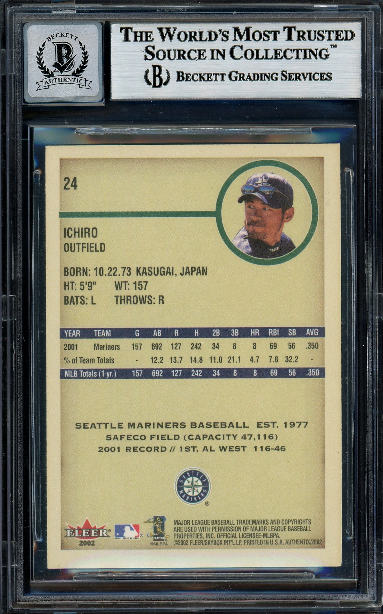 Ichiro Suzuki Autographed 2002 Fleer Authentix Card #24 Seattle Mariners Auto Grade Gem Mint 10 Beckett BAS #12786179