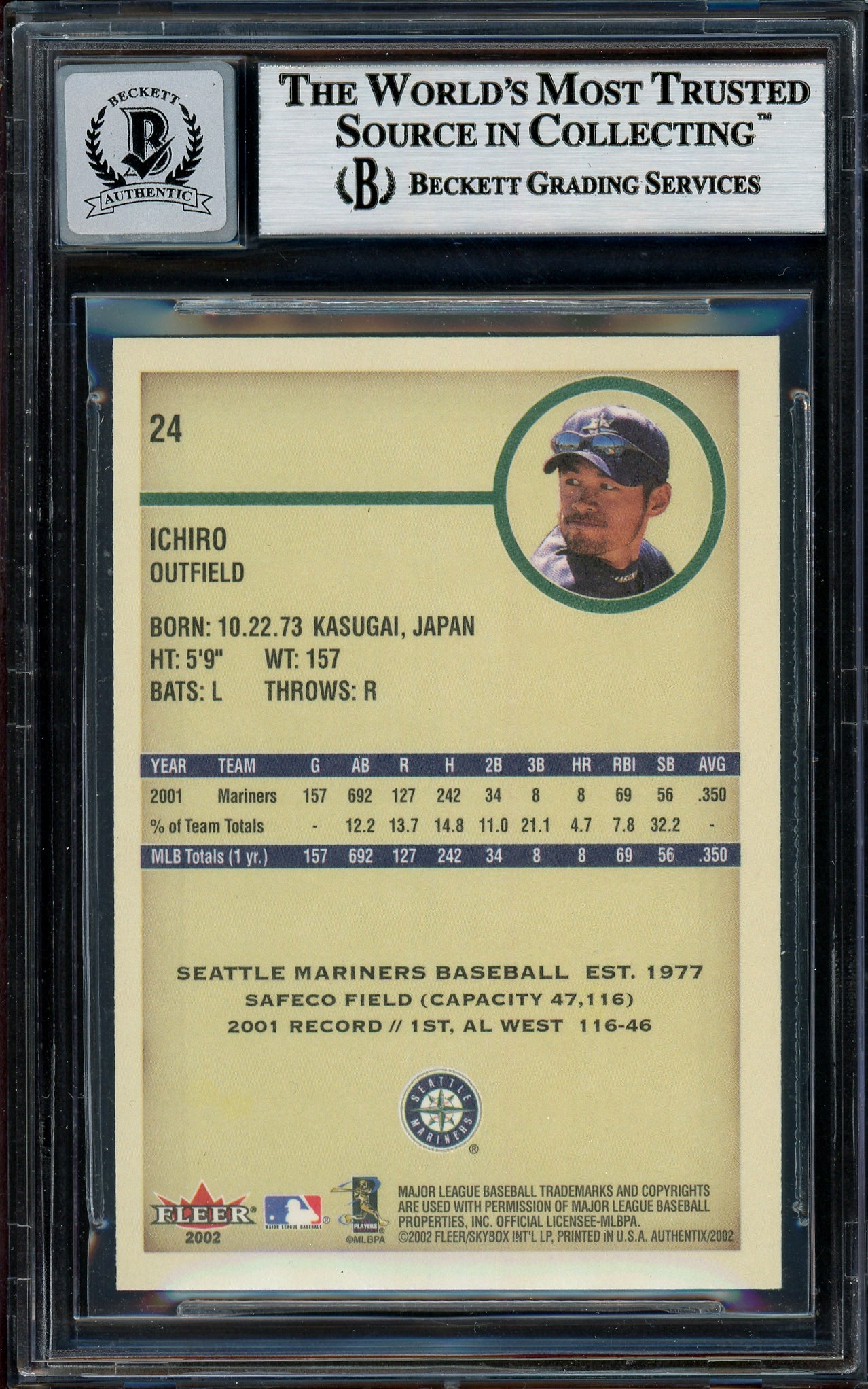Ichiro Suzuki Autographed 2002 Fleer Authentix Card #24 Seattle Mariners Auto Grade Gem Mint 10 Beckett BAS #12786180