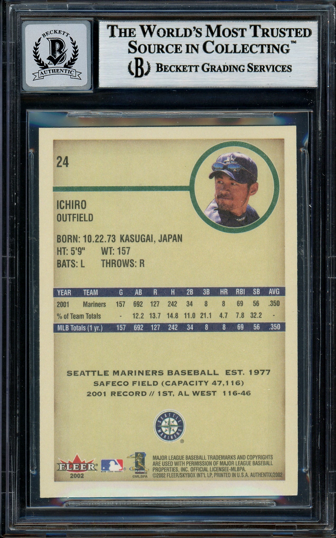 Ichiro Suzuki Autographed 2002 Fleer Authentix Card #24 Seattle Mariners Auto Grade Gem Mint 10 Beckett BAS #12786181