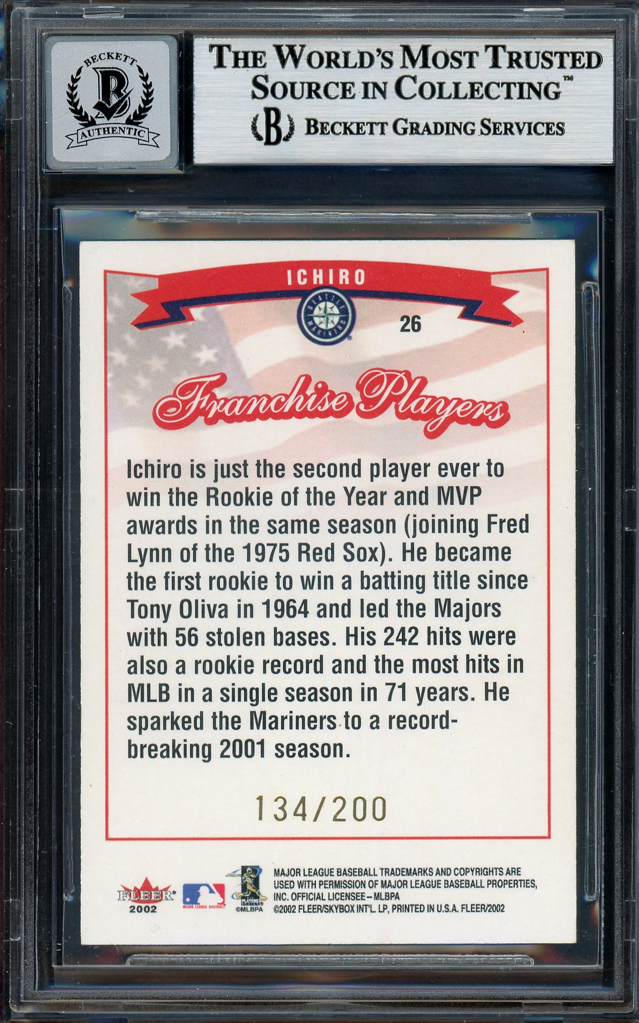 Ichiro Suzuki Autographed 2002 Fleer Tiffany Franchise Players Card #26 Seattle Mariners Auto Grade Gem Mint 10 #134/200 Beckett BAS #12786182