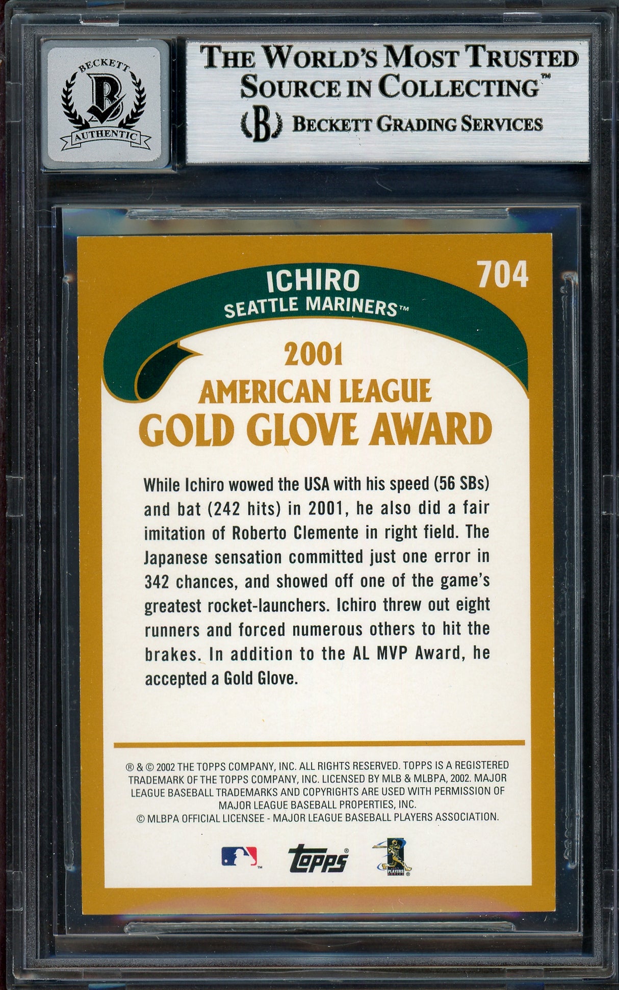 Ichiro Suzuki Autographed 2002 Topps Card #704 Seattle Mariners Auto Grade Gem Mint 10 Beckett BAS Stock #194321