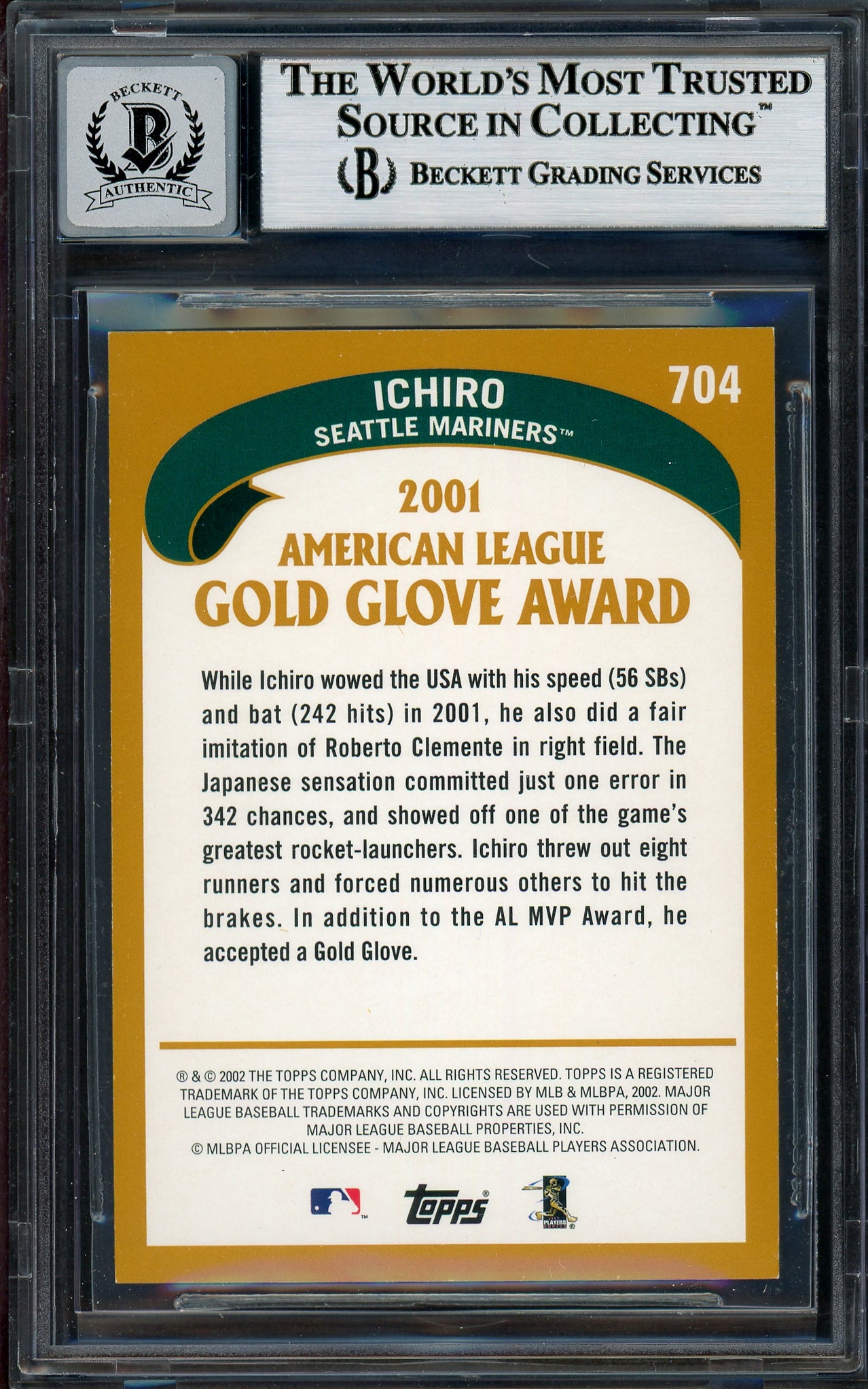 Ichiro Suzuki Autographed 2002 Topps Card #704 Seattle Mariners Auto Grade Gem Mint 10 Beckett BAS Stock #194321