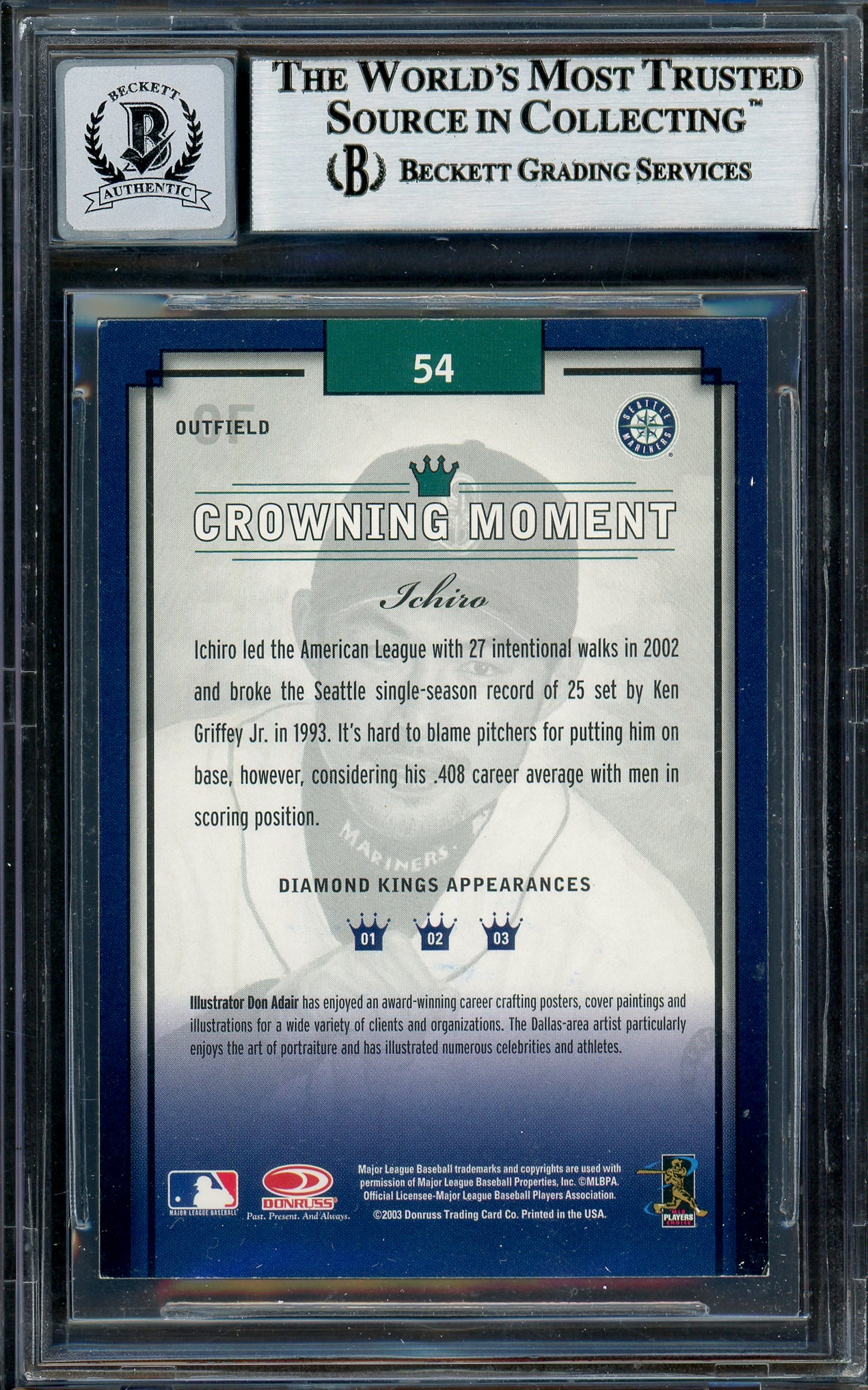 Ichiro Suzuki Autographed 2003 Donruss Diamond Kings Card #54 Seattle Mariners Auto Grade Gem Mint 10 Beckett BAS Stock #194340